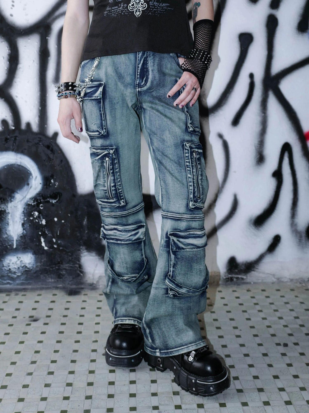 RebelSeed Distressed Multi Pocket Punk Wasteland Women's Washed Denim Bootcut Jeans