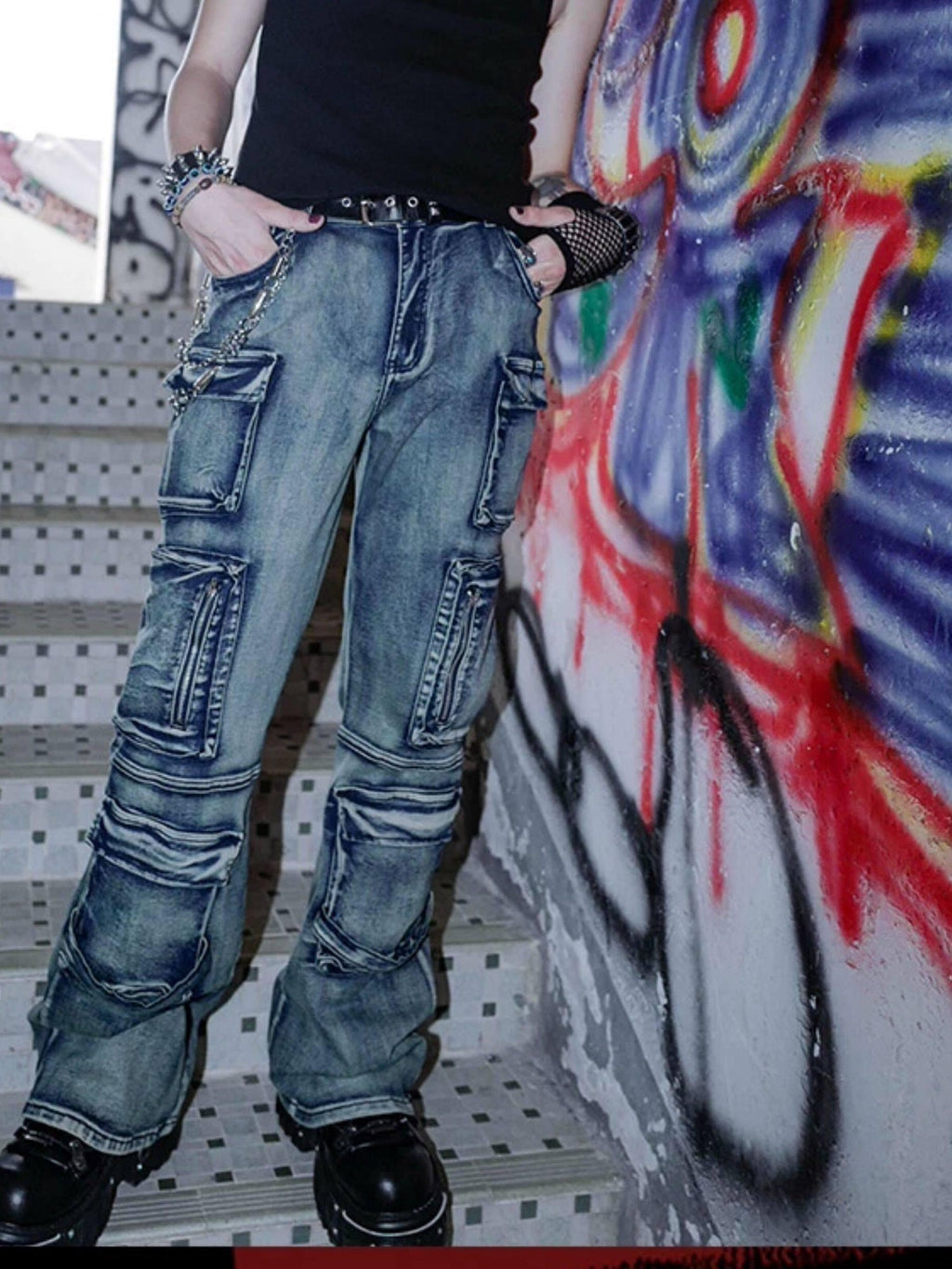 RebelSeed Distressed Multi Pocket Punk Wasteland Women's Washed Denim Bootcut Jeans