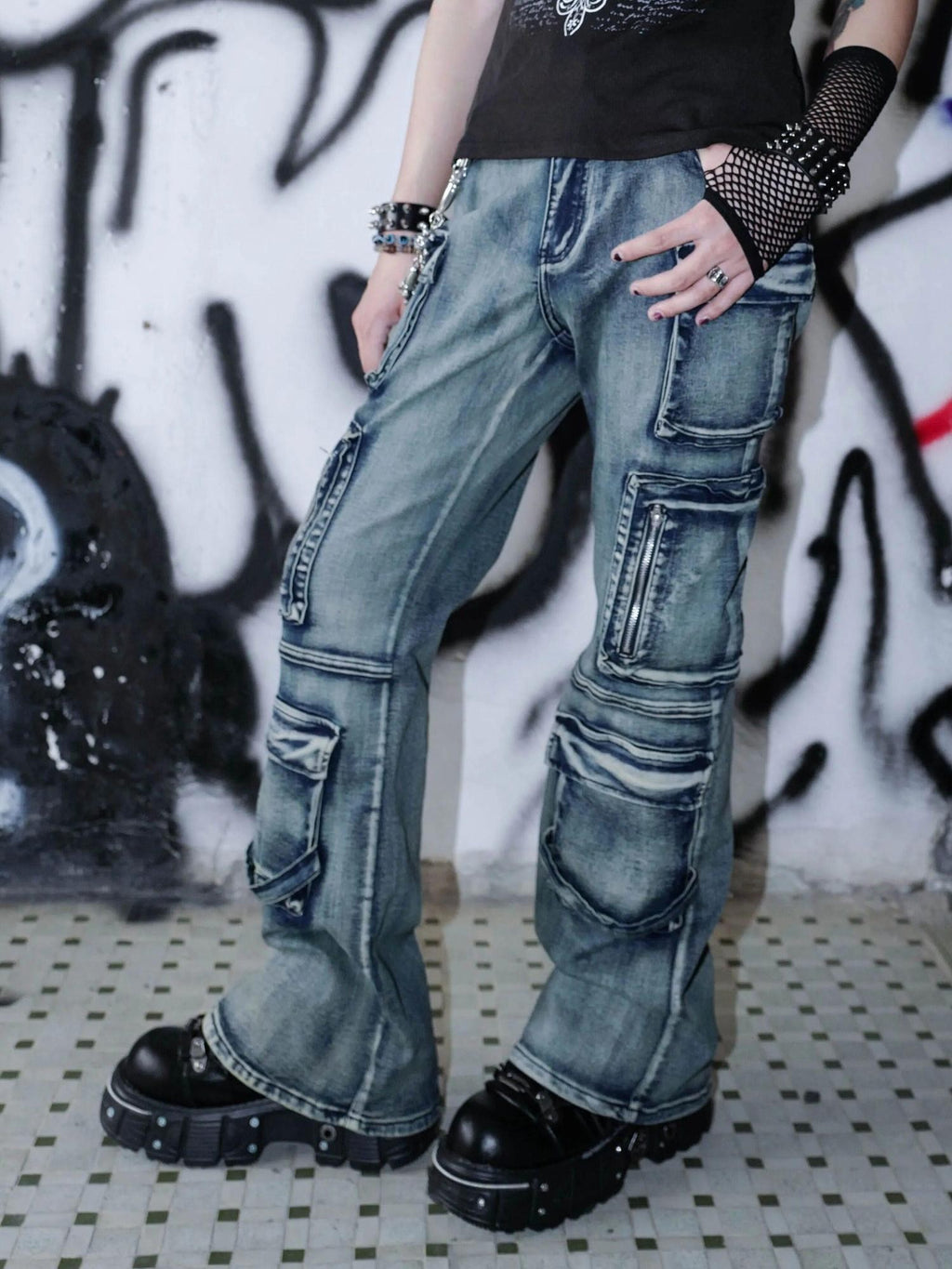 RebelSeed Distressed Multi Pocket Punk Wasteland Women's Washed Denim Bootcut Jeans