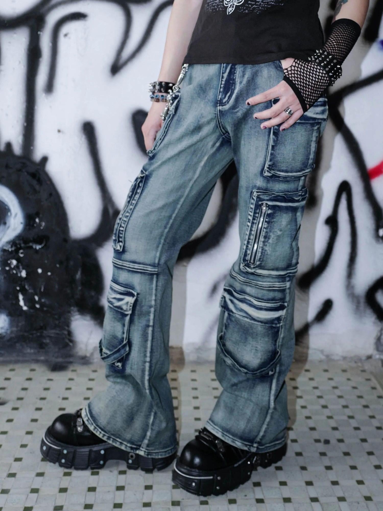 RebelSeed Distressed Multi Pocket Punk Wasteland Women's Washed Denim Bootcut Jeans