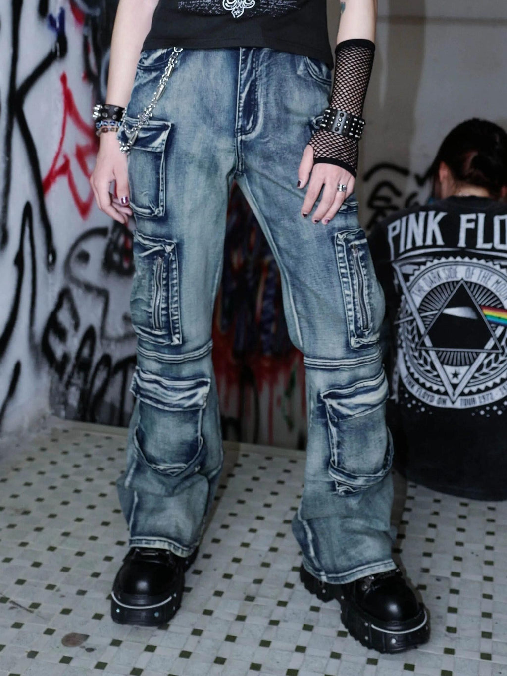 RebelSeed Distressed Multi Pocket Punk Wasteland Women's Washed Denim Bootcut Jeans