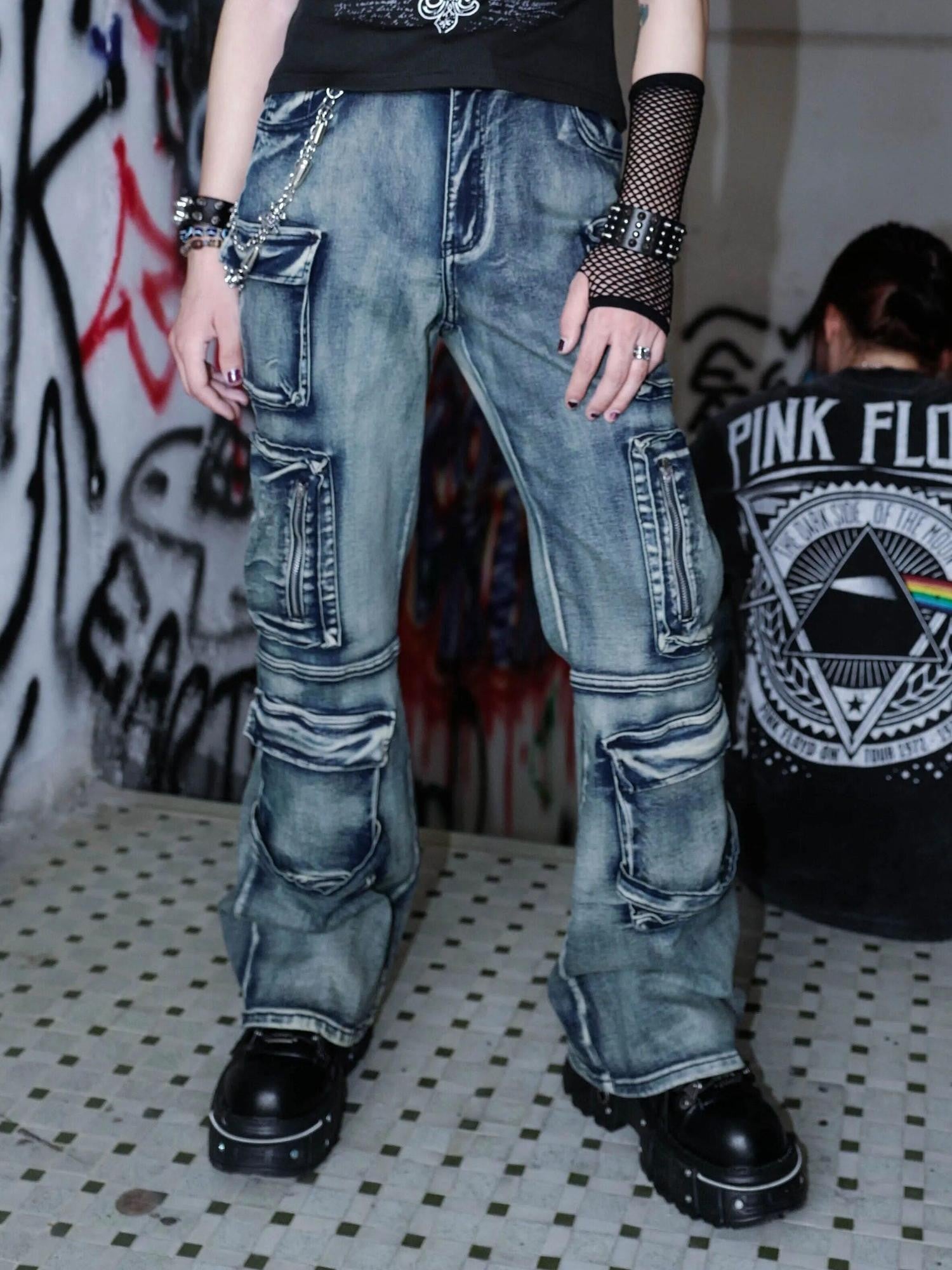 RebelSeed Distressed Multi Pocket Punk Wasteland Women's Washed Denim Bootcut Jeans