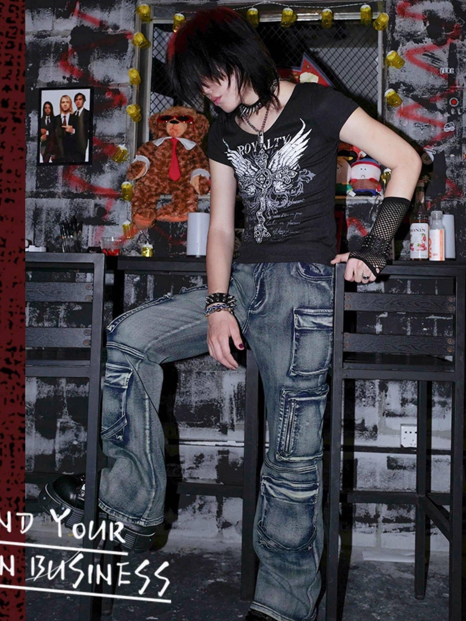 RebelSeed Distressed Multi Pocket Punk Wasteland Women's Washed Denim Bootcut Jeans