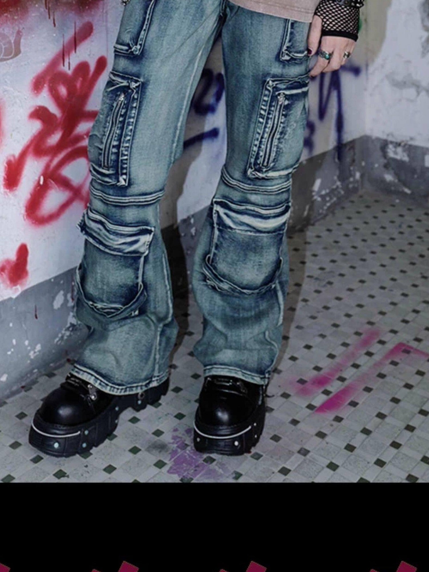 RebelSeed Distressed Multi Pocket Punk Wasteland Women's Washed Denim Bootcut Jeans