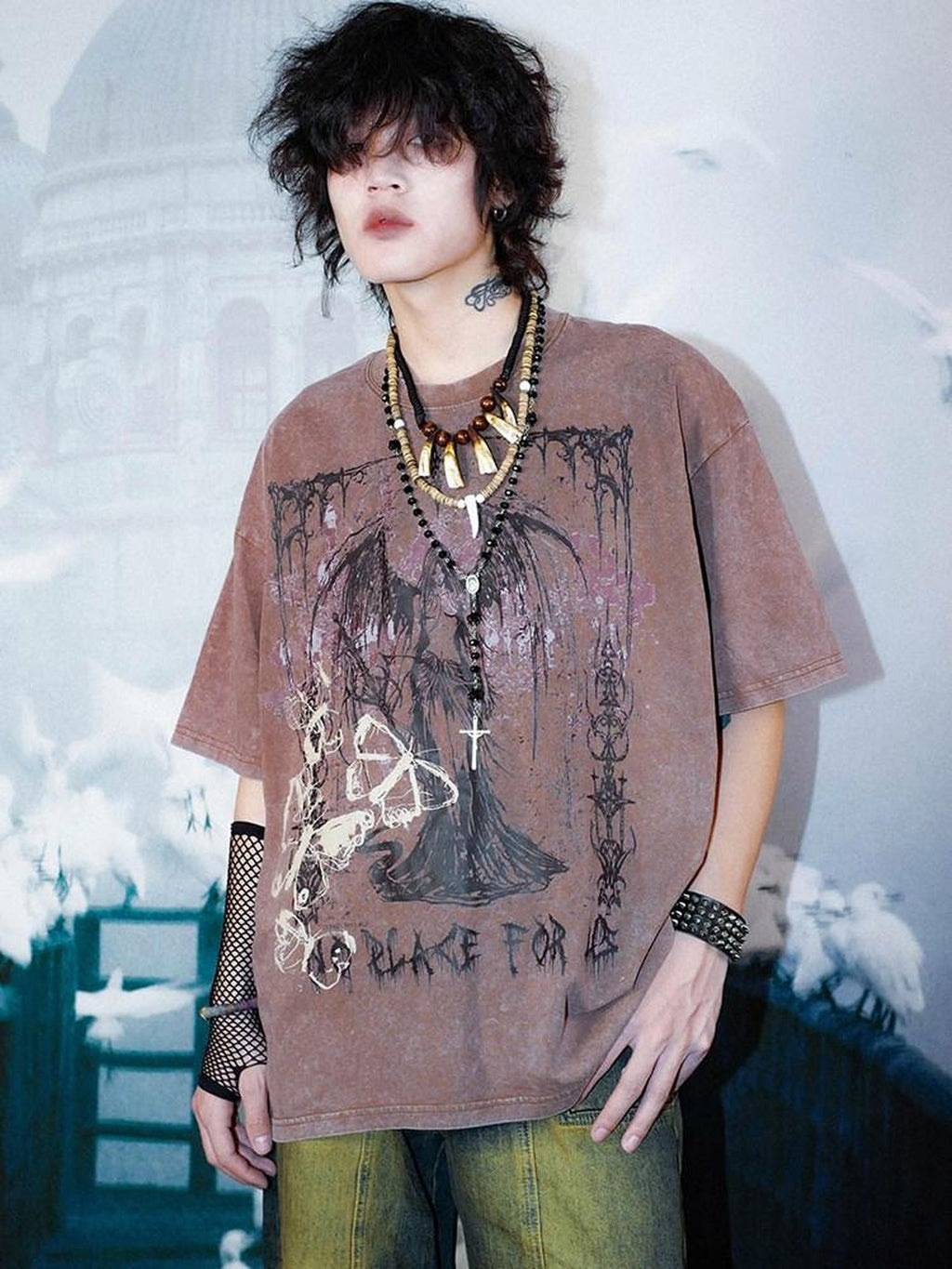RebelSeed Distressed Punk Print Drop Shoulder Women's Cotton Short Sleeve T-shirts