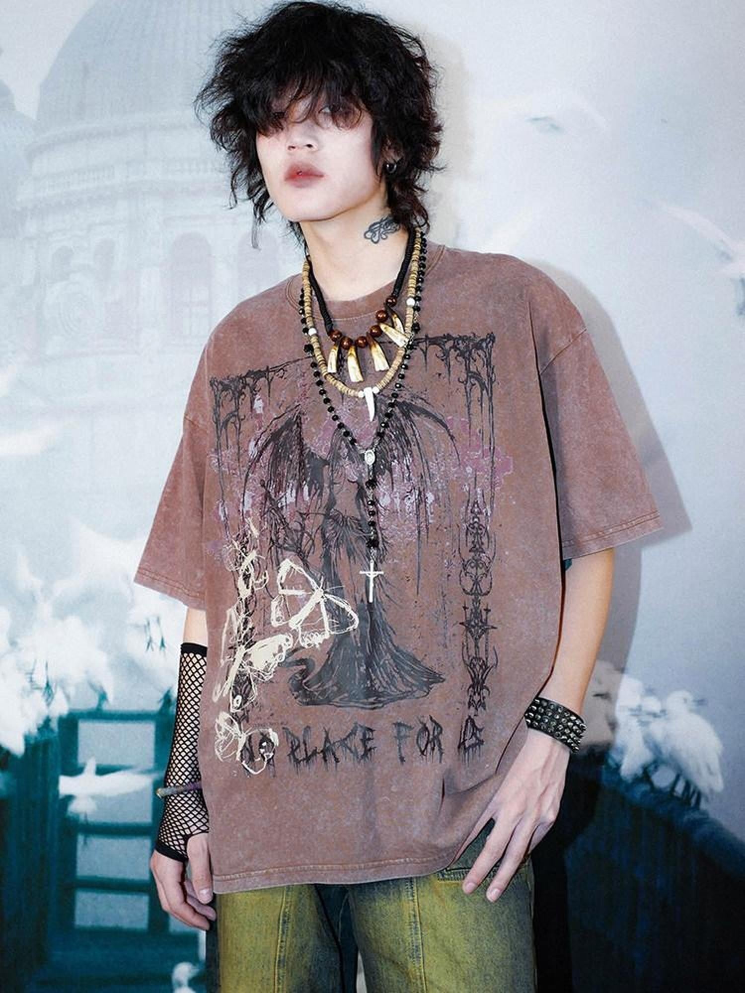 RebelSeed Distressed Punk Print Drop Shoulder Women's Cotton Short Sleeve T-shirts
