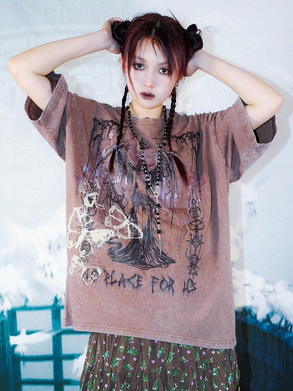 RebelSeed Distressed Punk Print Drop Shoulder Women's Cotton Short Sleeve T-shirts