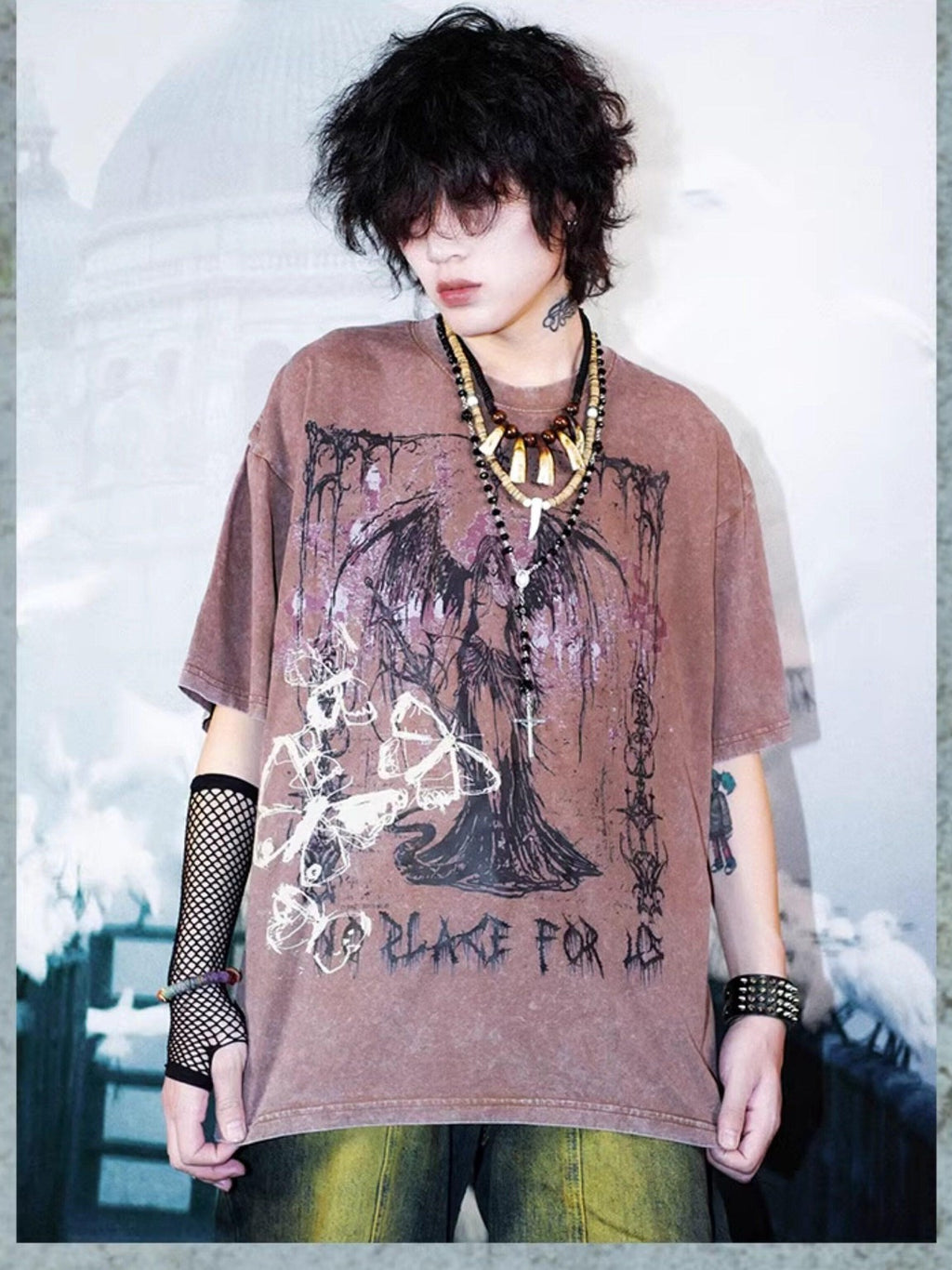 RebelSeed Distressed Punk Print Drop Shoulder Women's Cotton Short Sleeve T-shirts