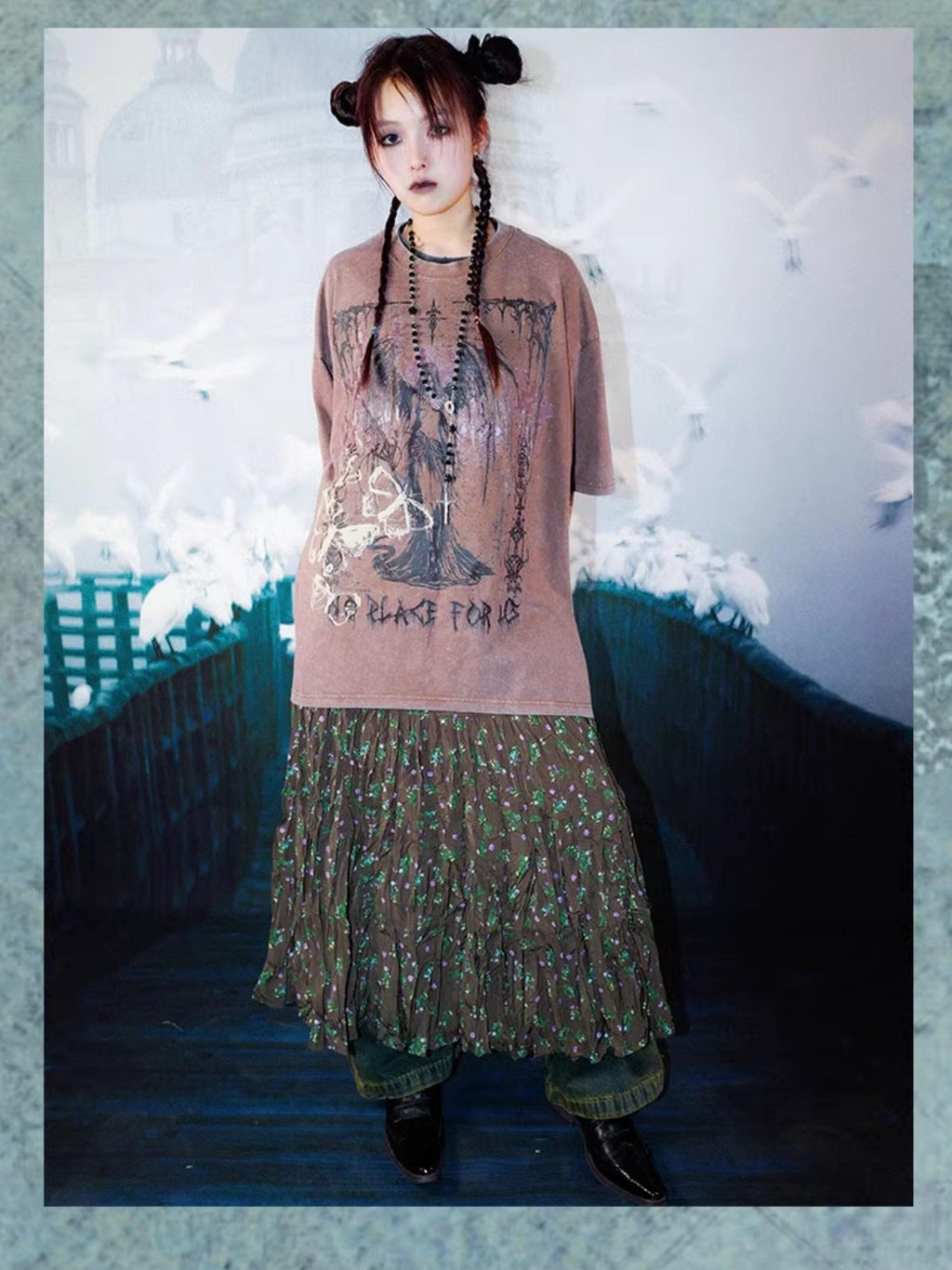 RebelSeed Distressed Punk Print Drop Shoulder Women's Cotton Short Sleeve T-shirts
