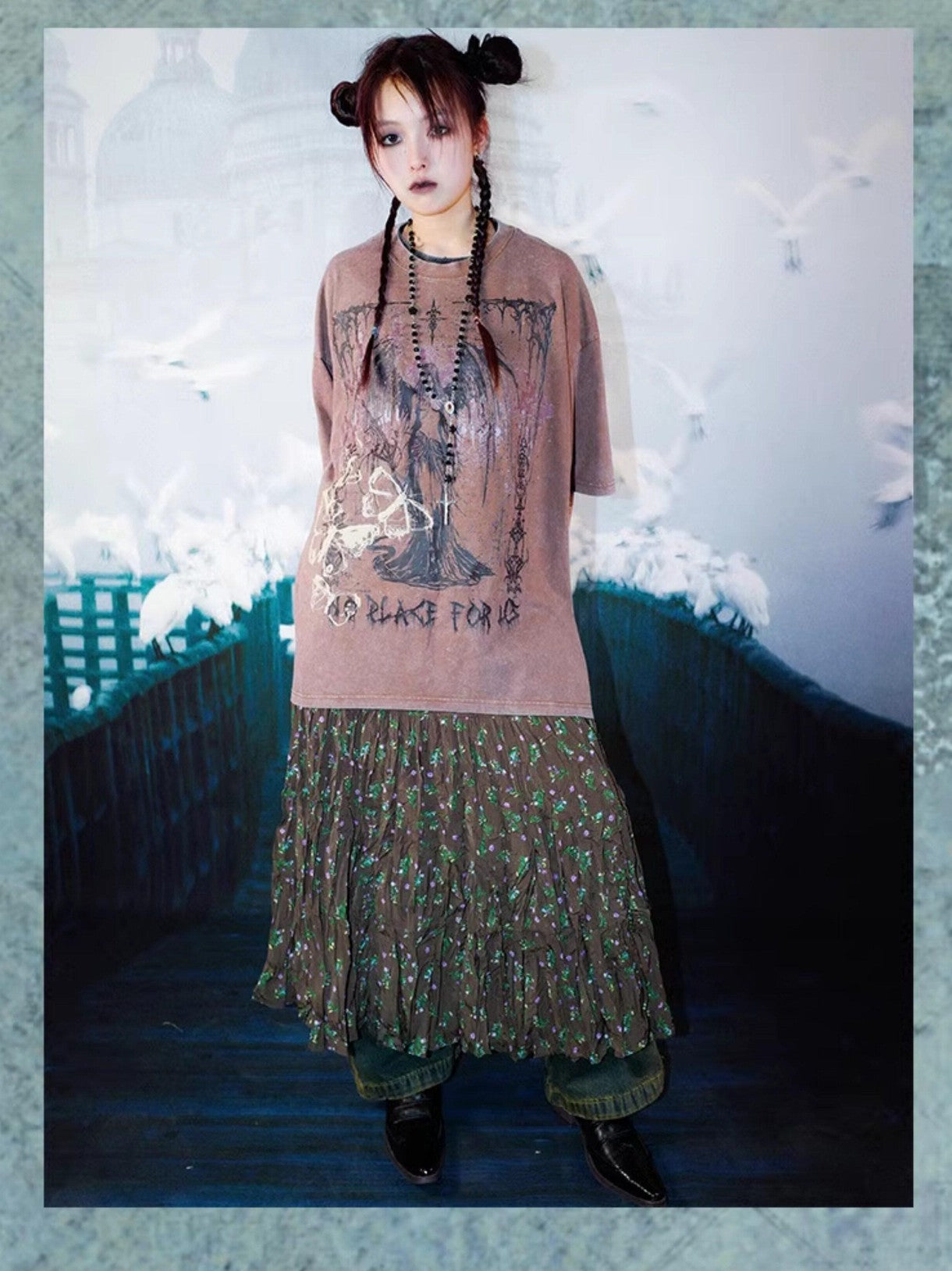 RebelSeed Distressed Punk Print Drop Shoulder Women's Cotton Short Sleeve T-shirts