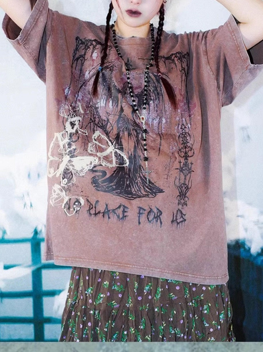 RebelSeed Distressed Punk Print Drop Shoulder Women's Cotton Short Sleeve T-shirts