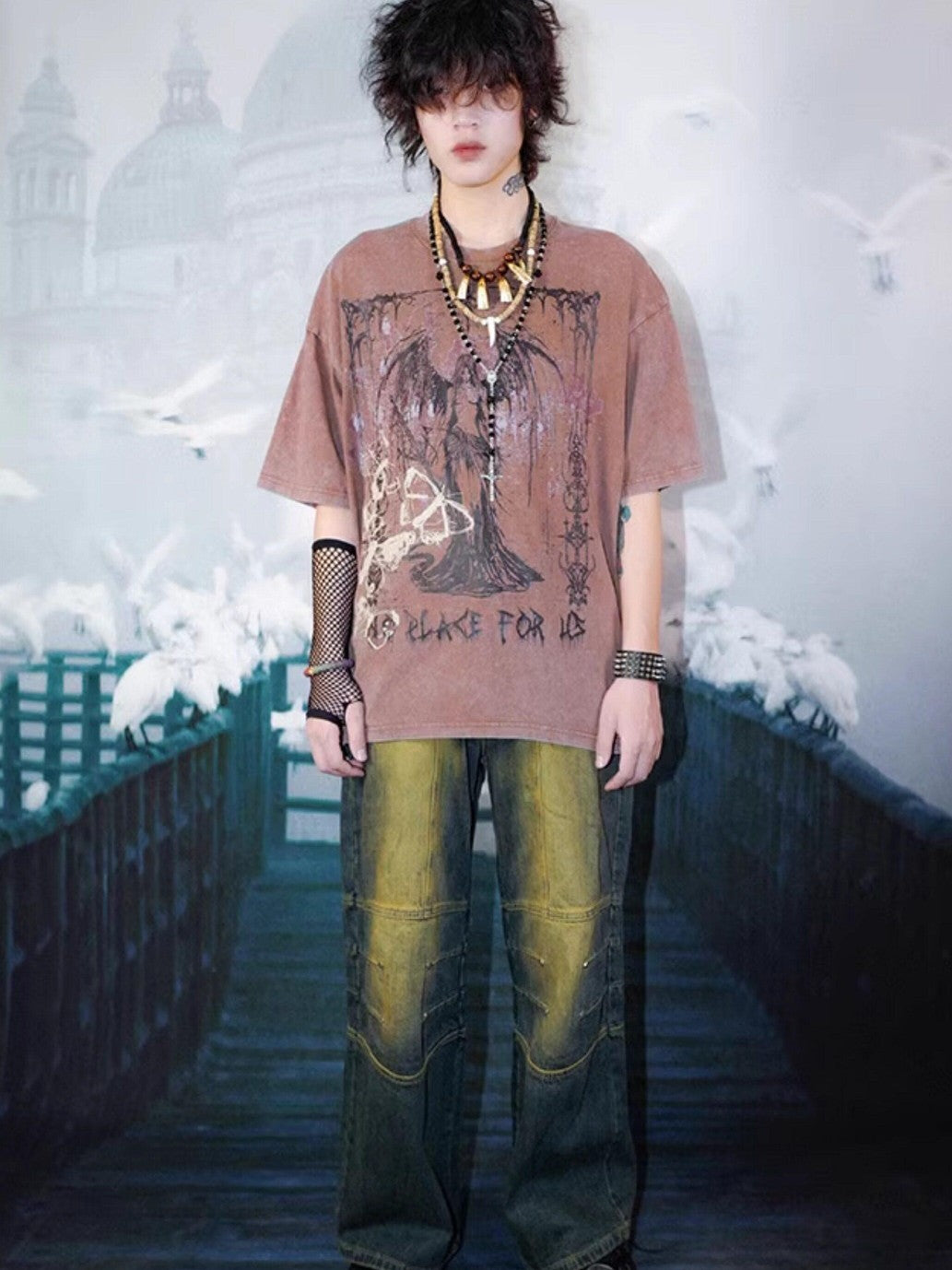 RebelSeed Distressed Punk Print Drop Shoulder Women's Cotton Short Sleeve T-shirts