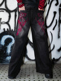 RebelSeed Distressed Washed Embroidered Topstitch Women's Denim Wide-leg Jeans