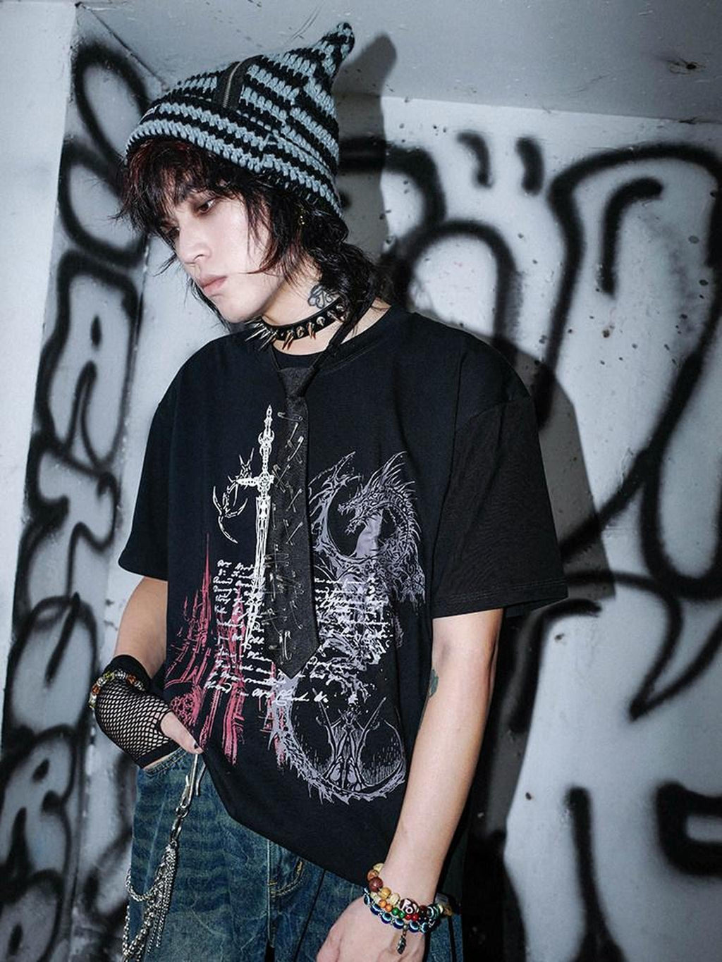 RebelSeed Dragon Hot Stamp Punk Women's Cotton Drop Shoulder Short Sleeve T-shirts
