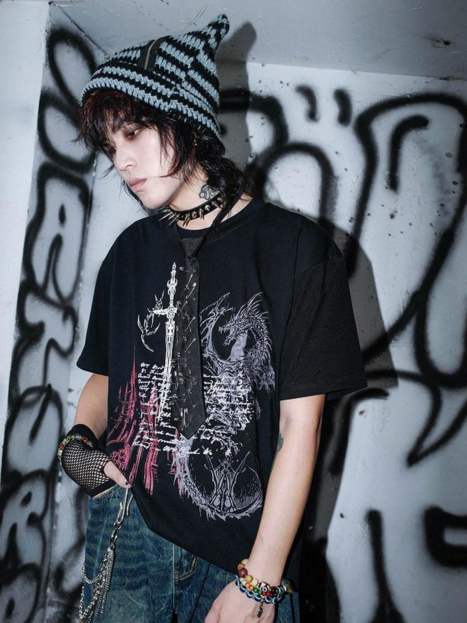 RebelSeed Dragon Hot Stamp Punk Women's Cotton Drop Shoulder Short Sleeve T-shirts