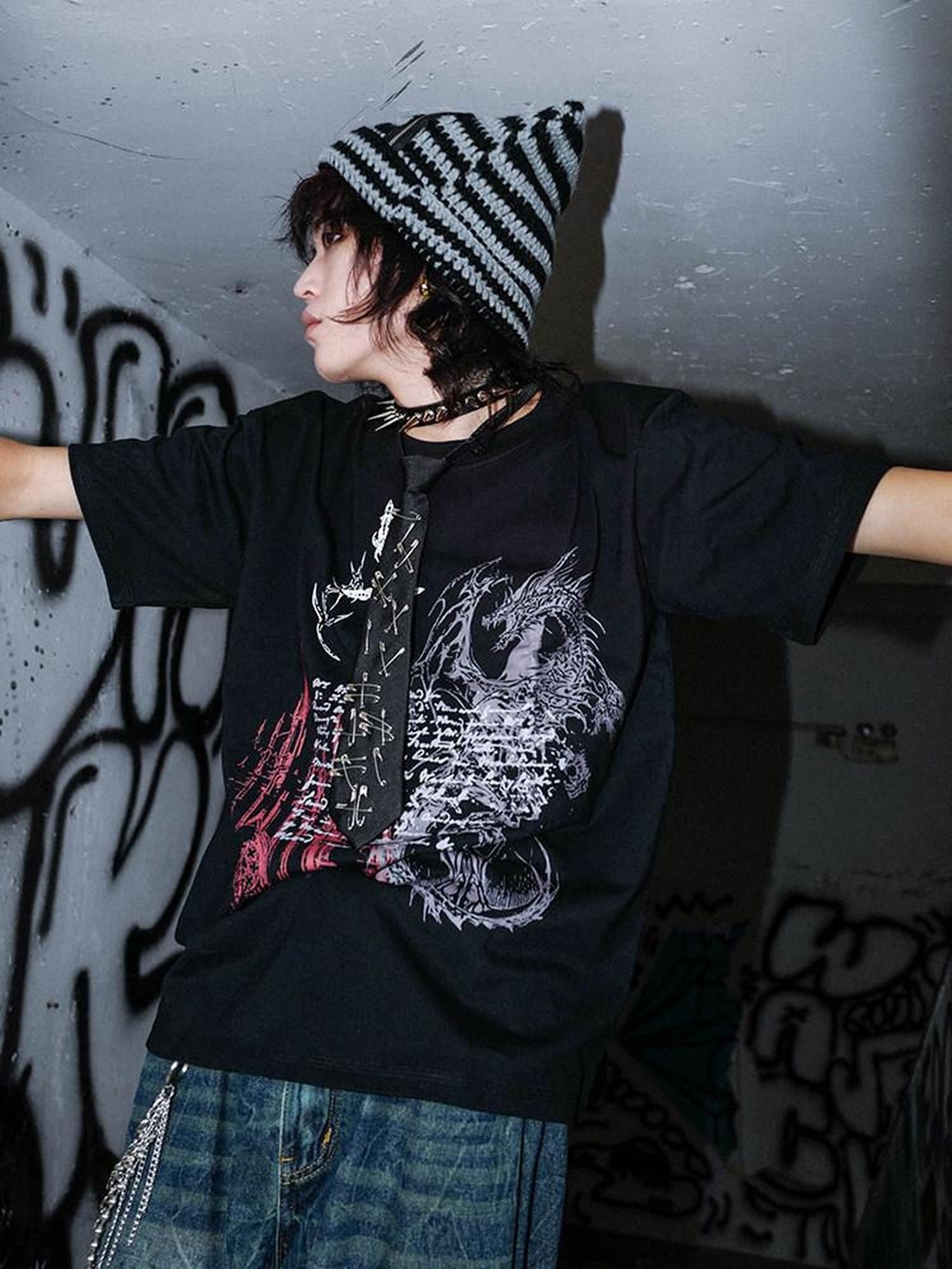 RebelSeed Dragon Hot Stamp Punk Women's Cotton Drop Shoulder Short Sleeve T-shirts