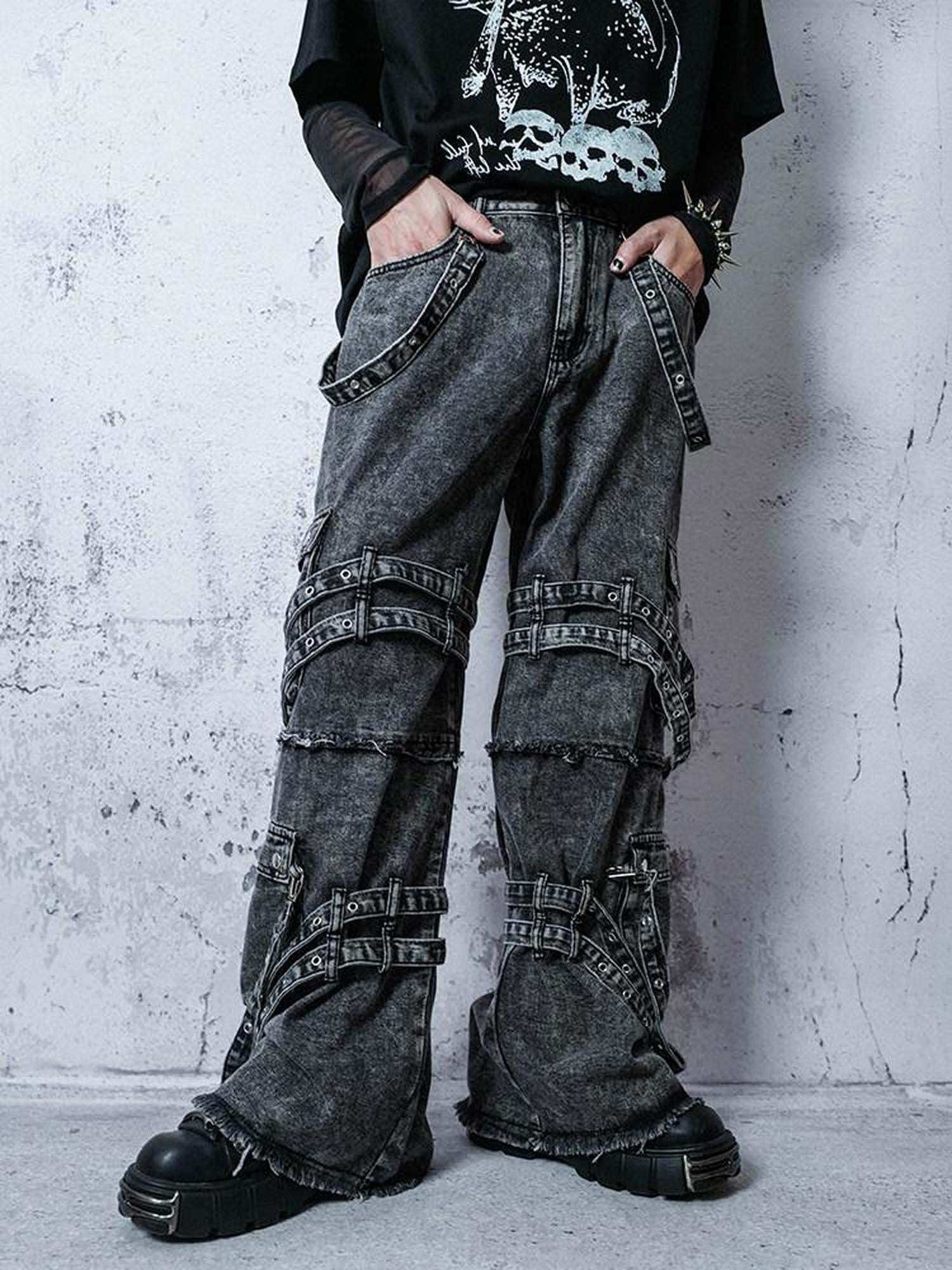 RebelSeed Embroidered Rivet Strap Distressed Snowwash Women's Denim Straight-leg Jeans