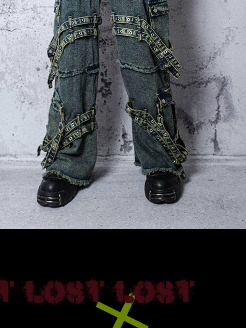 RebelSeed Embroidered Rivet Strap Distressed Snowwash Women's Denim Straight-leg Jeans