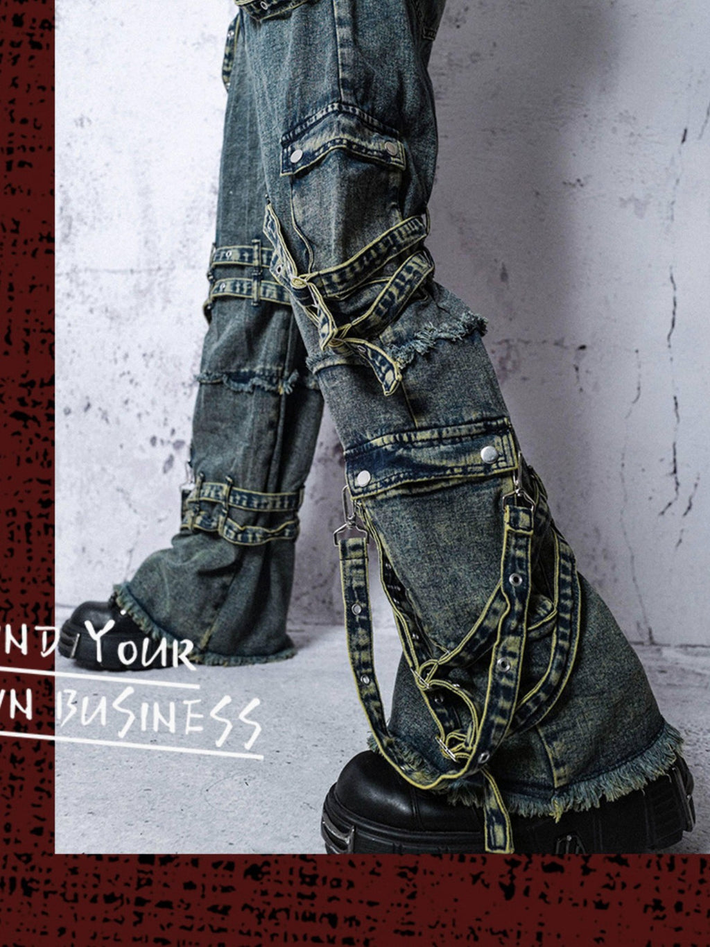 RebelSeed Embroidered Rivet Strap Distressed Snowwash Women's Denim Straight-leg Jeans
