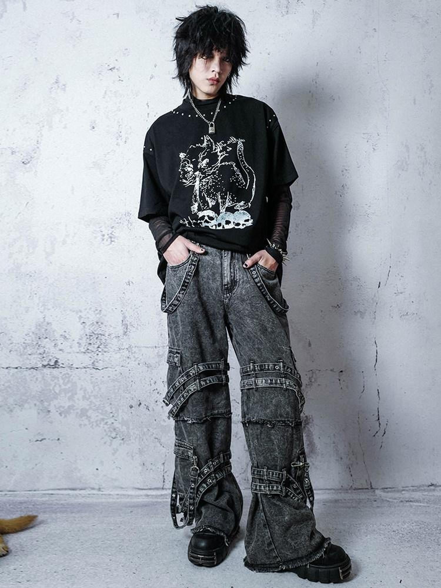 RebelSeed Embroidered Rivet Strap Distressed Snowwash Women's Denim Straight-leg Jeans