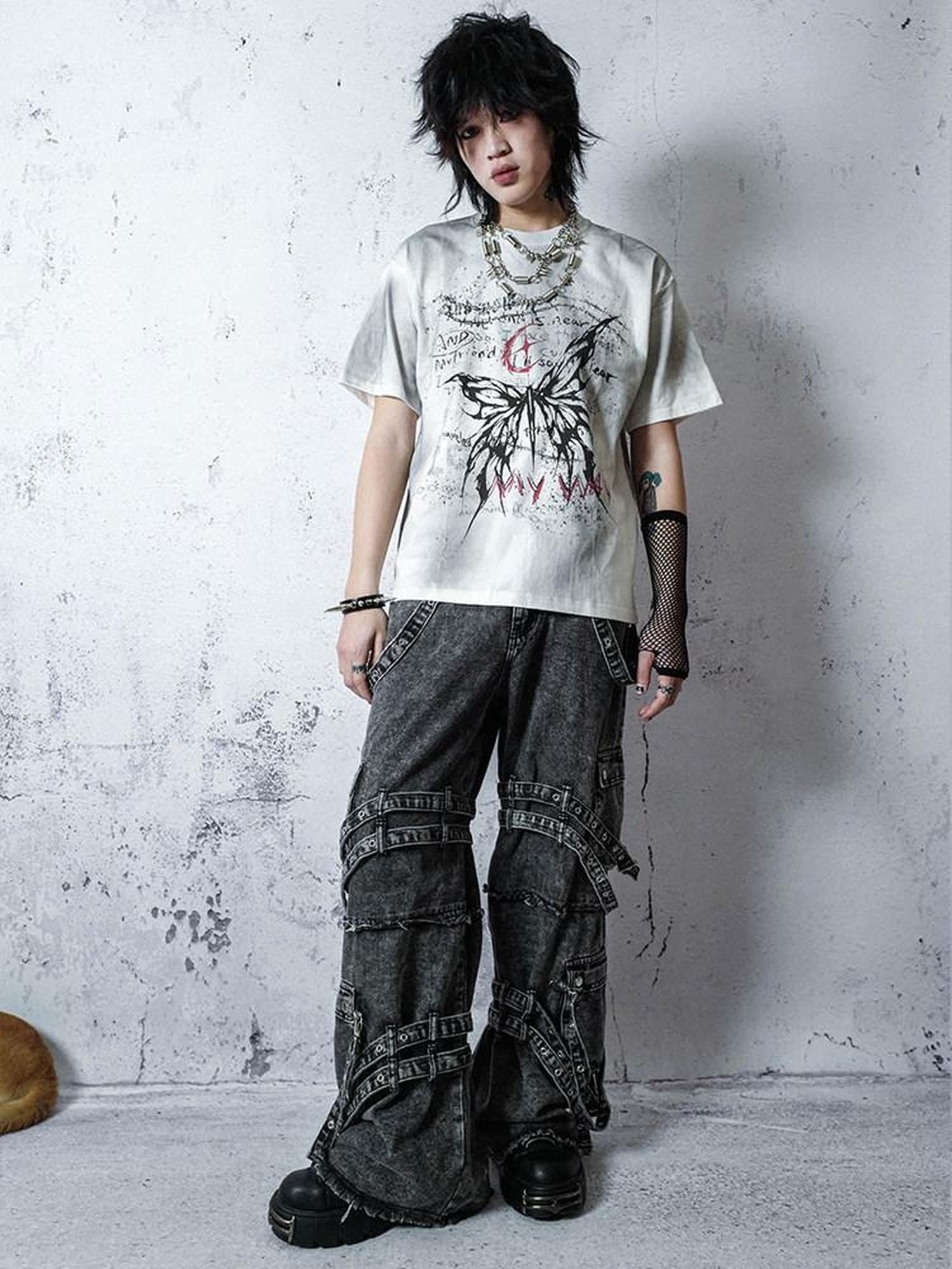 RebelSeed Embroidered Rivet Strap Distressed Snowwash Women's Denim Straight-leg Jeans