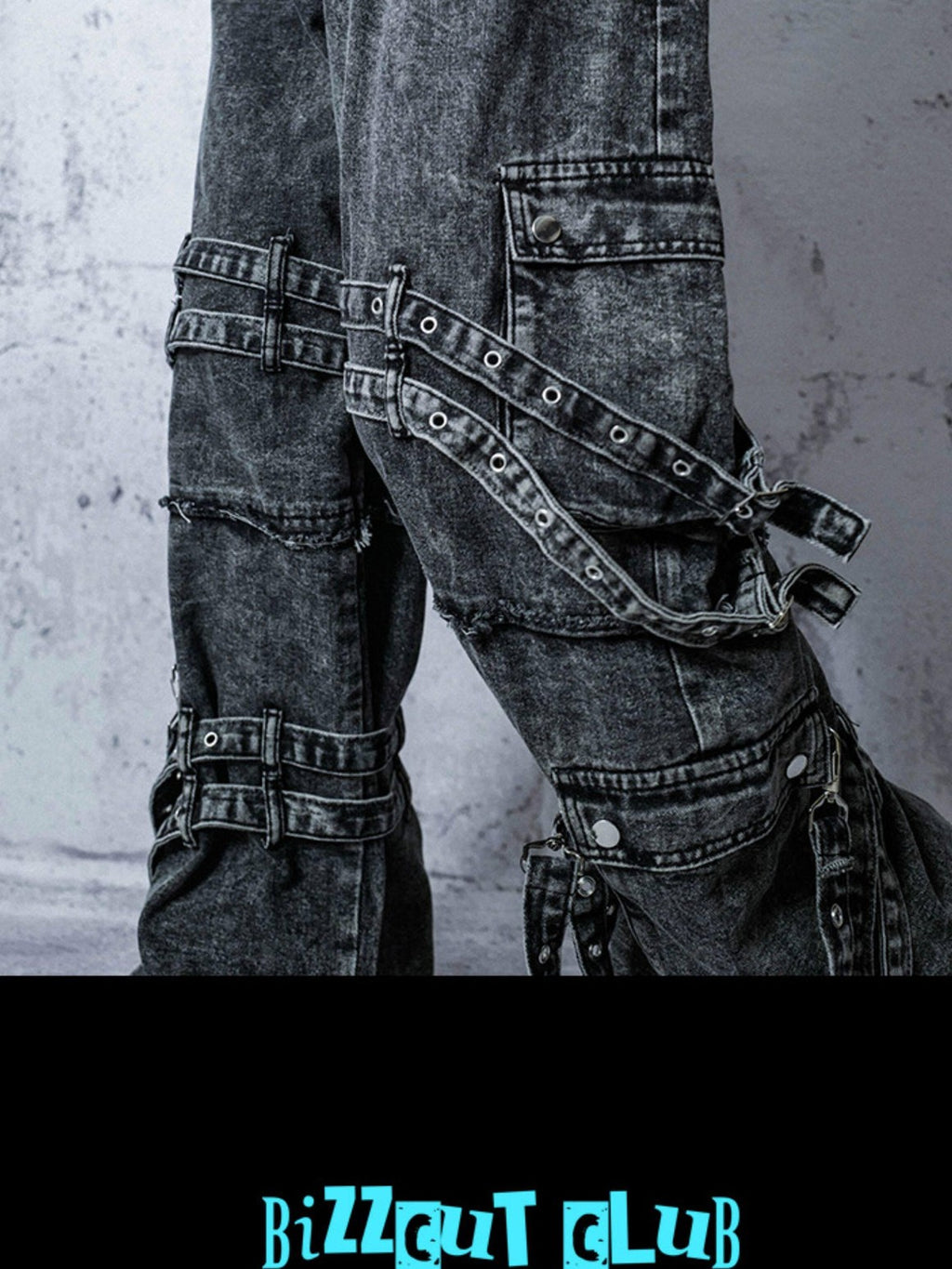 RebelSeed Embroidered Rivet Strap Distressed Snowwash Women's Denim Straight-leg Jeans