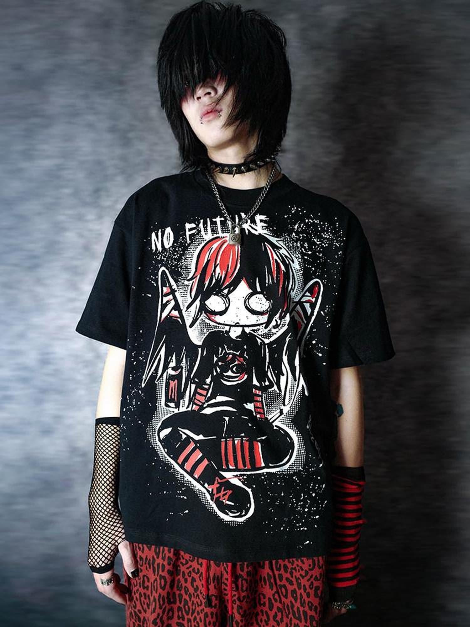 RebelSeed Emo Angel Cartoon Heat Transfer Print Women's Modal Short Sleeve T-shirts