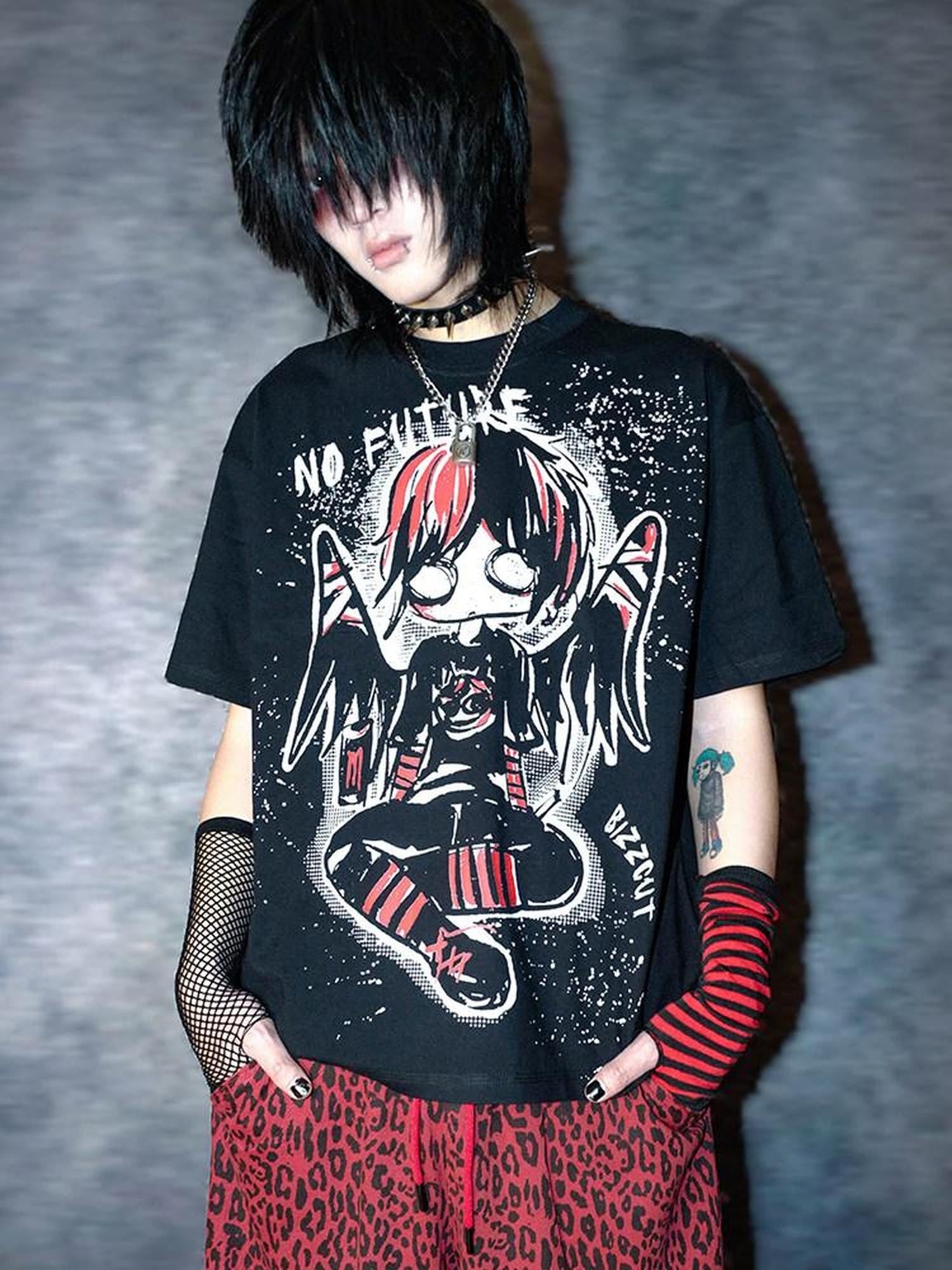 RebelSeed Emo Angel Cartoon Heat Transfer Print Women's Modal Short Sleeve T-shirts