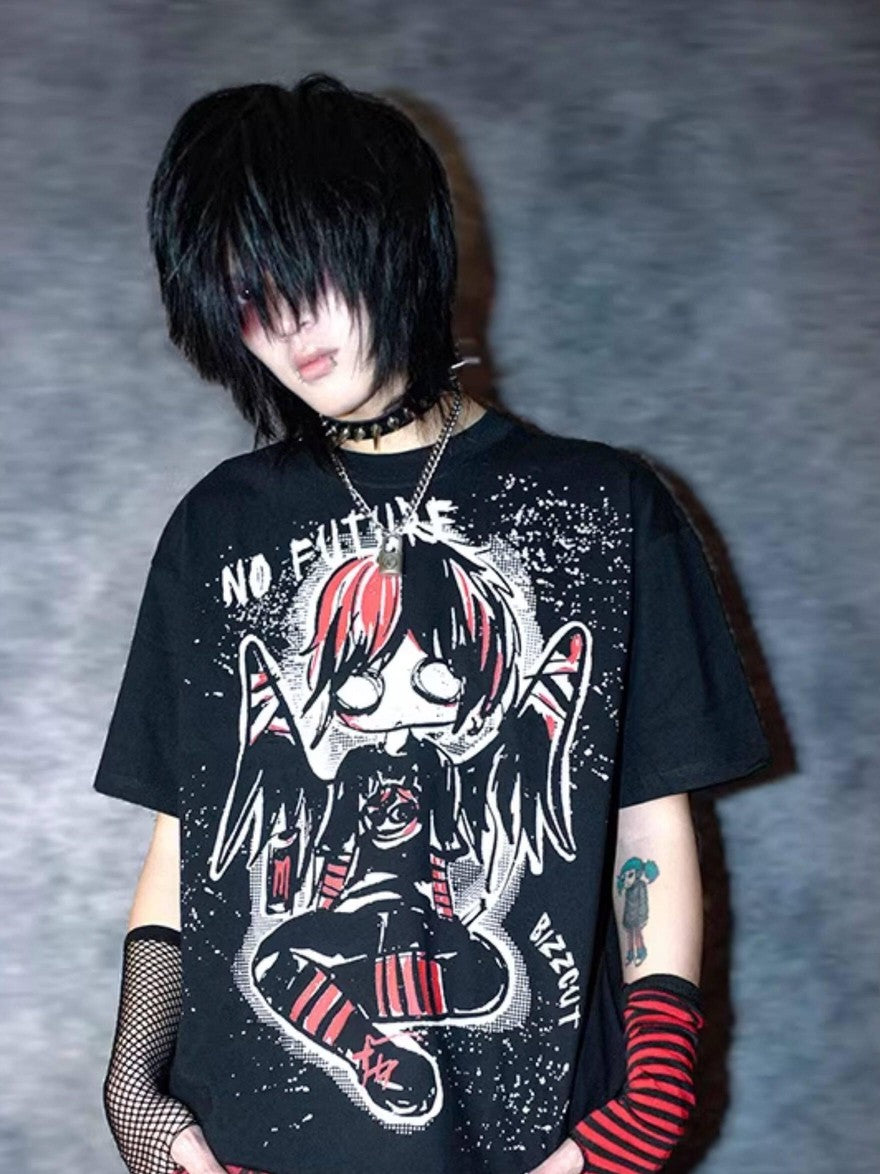 RebelSeed Emo Angel Cartoon Heat Transfer Print Women's Modal Short Sleeve T-shirts