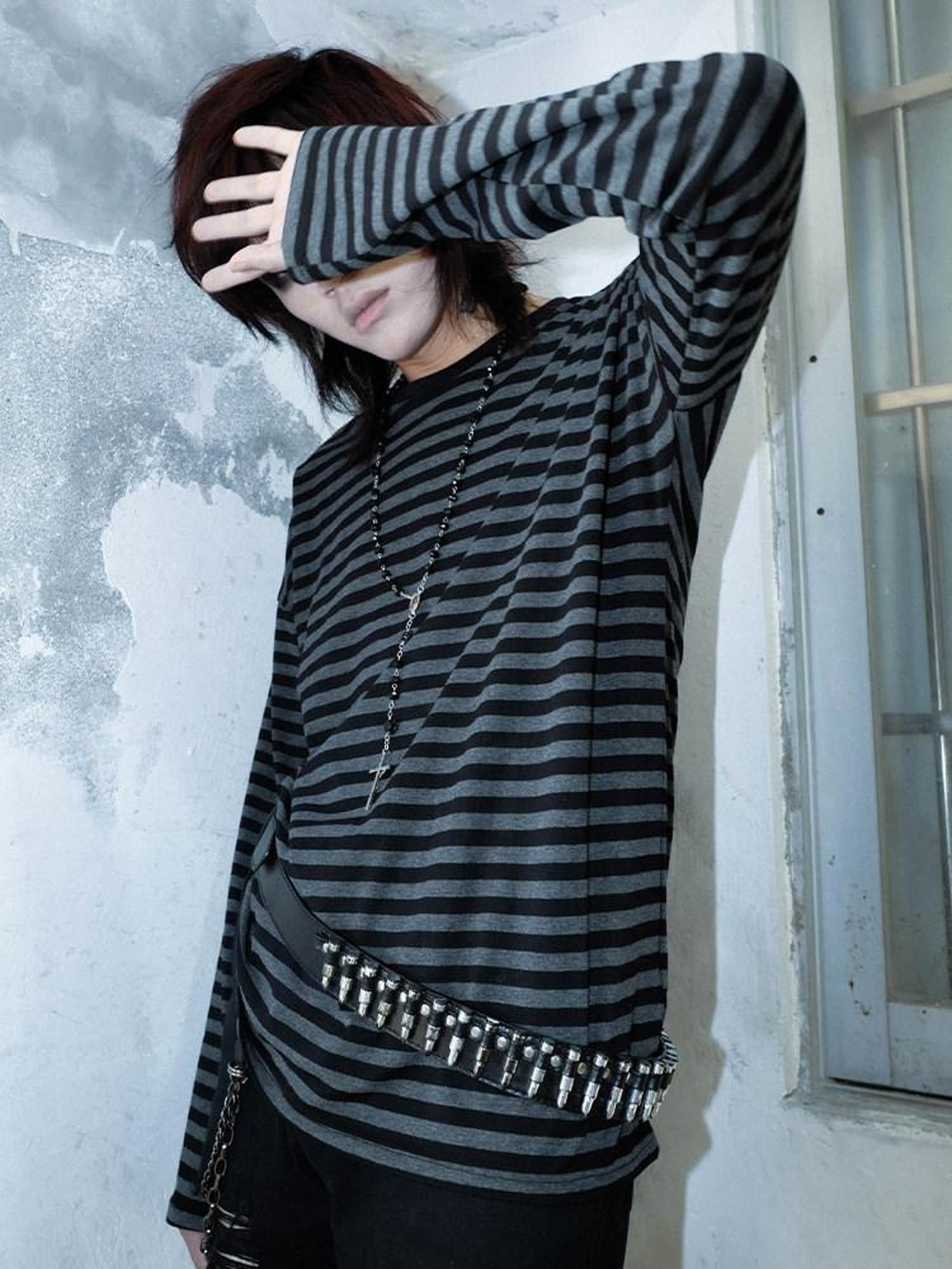 RebelSeed Emo Drop Shoulder Striped Women's Cotton Long Sleeve T-shirts