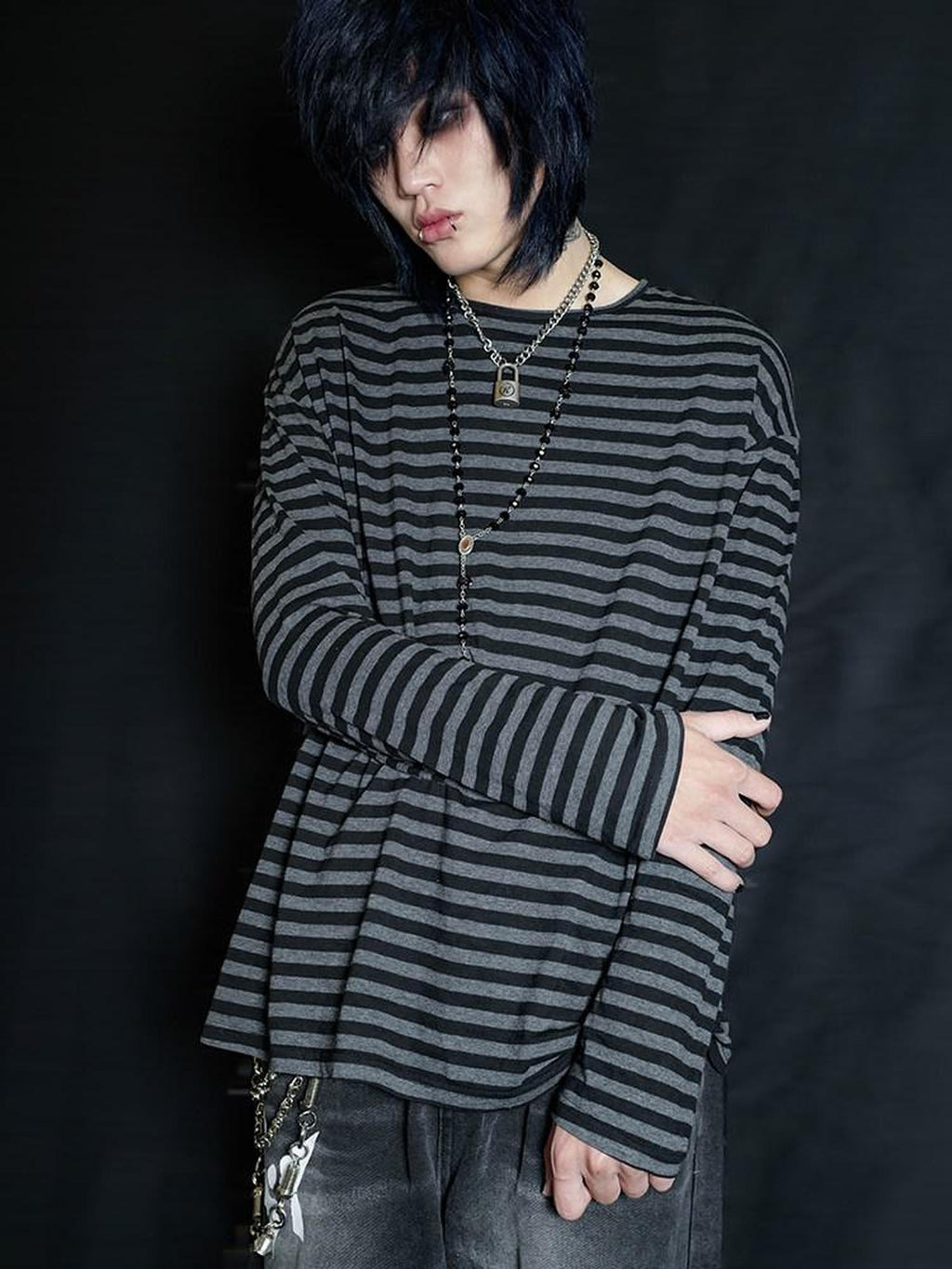 RebelSeed Emo Striped Drop Shoulder Women's Cotton Long Sleeve T-shirts