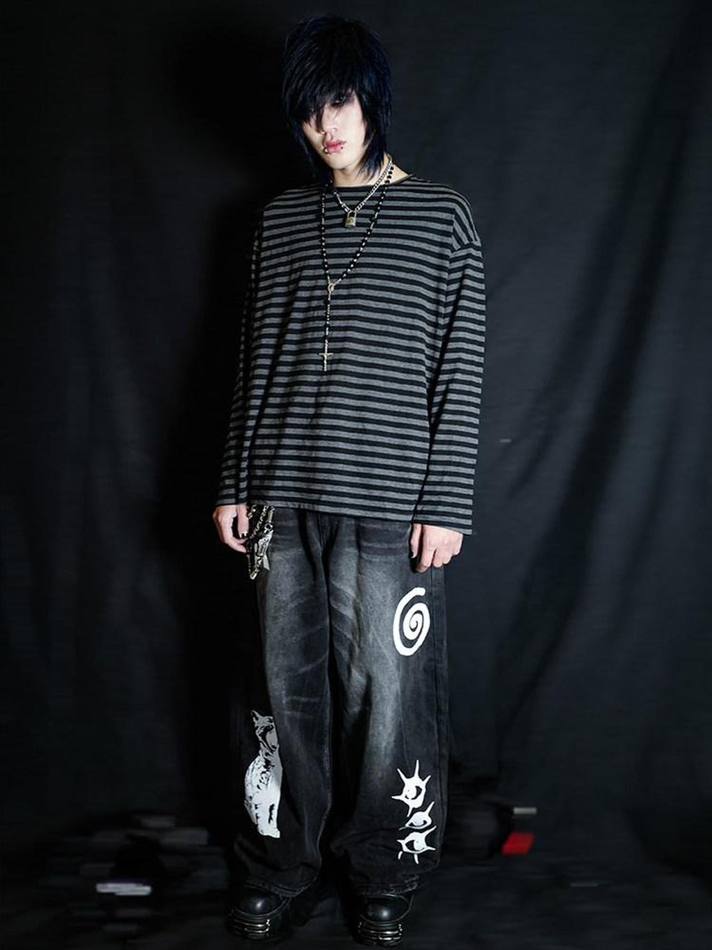 RebelSeed Emo Striped Drop Shoulder Women's Cotton Long Sleeve T-shirts
