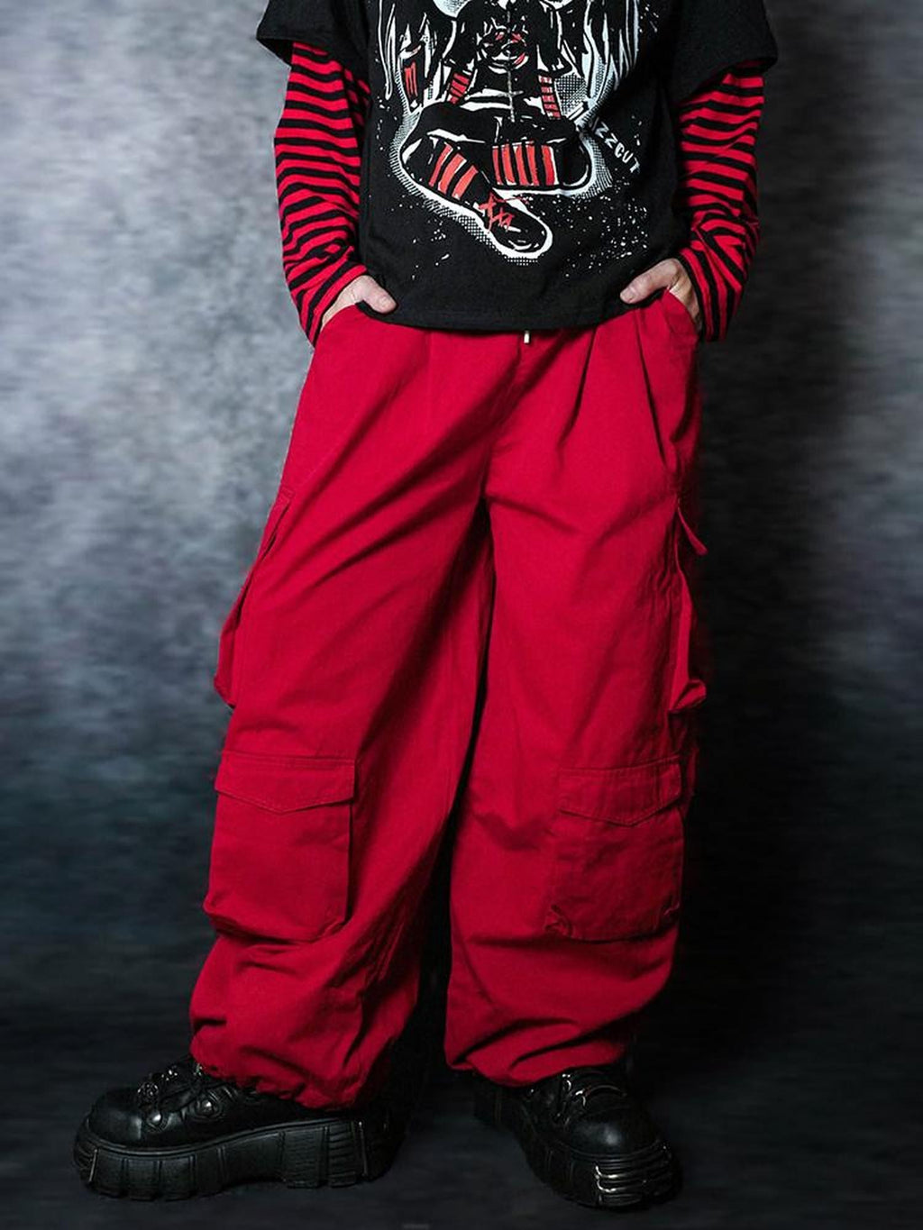 RebelSeed Flame Red Multi Pocket Elastic Waist Tapered Punk Women's Cotton Cargo Pants