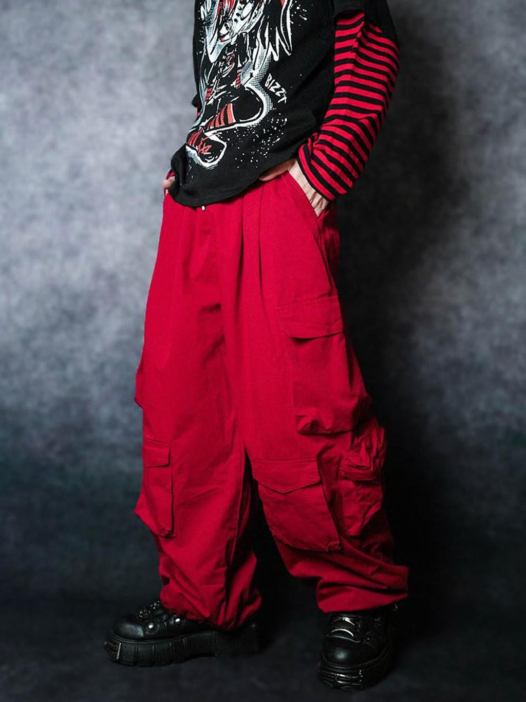 RebelSeed Flame Red Multi Pocket Elastic Waist Tapered Punk Women's Cotton Cargo Pants
