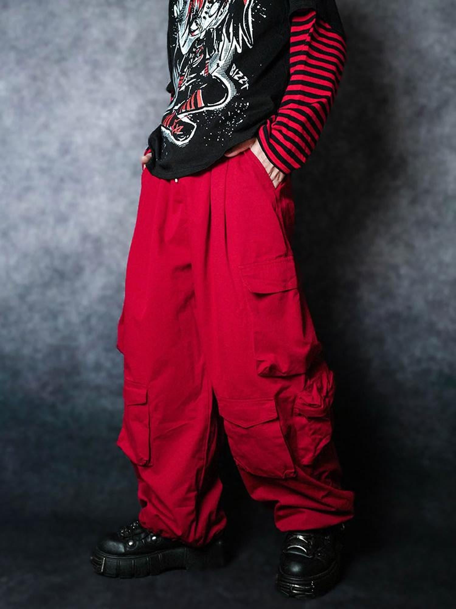 RebelSeed Flame Red Multi Pocket Elastic Waist Tapered Punk Women's Cotton Cargo Pants