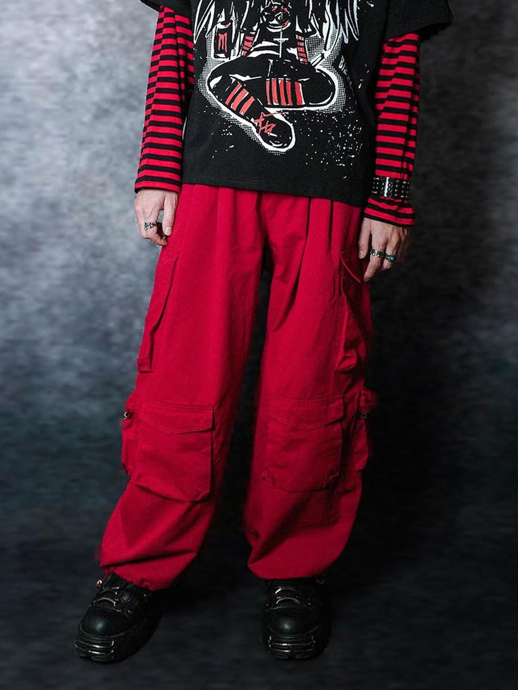 RebelSeed Flame Red Multi Pocket Elastic Waist Tapered Punk Women's Cotton Cargo Pants