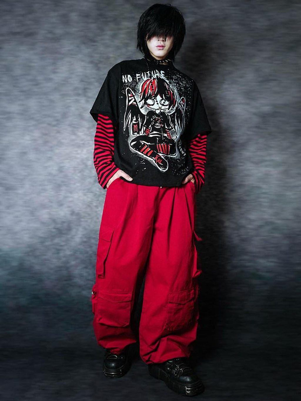 RebelSeed Flame Red Multi Pocket Elastic Waist Tapered Punk Women's Cotton Cargo Pants