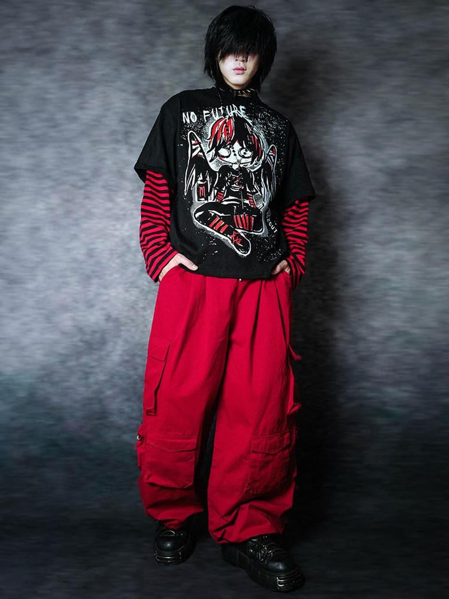 RebelSeed Flame Red Multi Pocket Elastic Waist Tapered Punk Women's Cotton Cargo Pants
