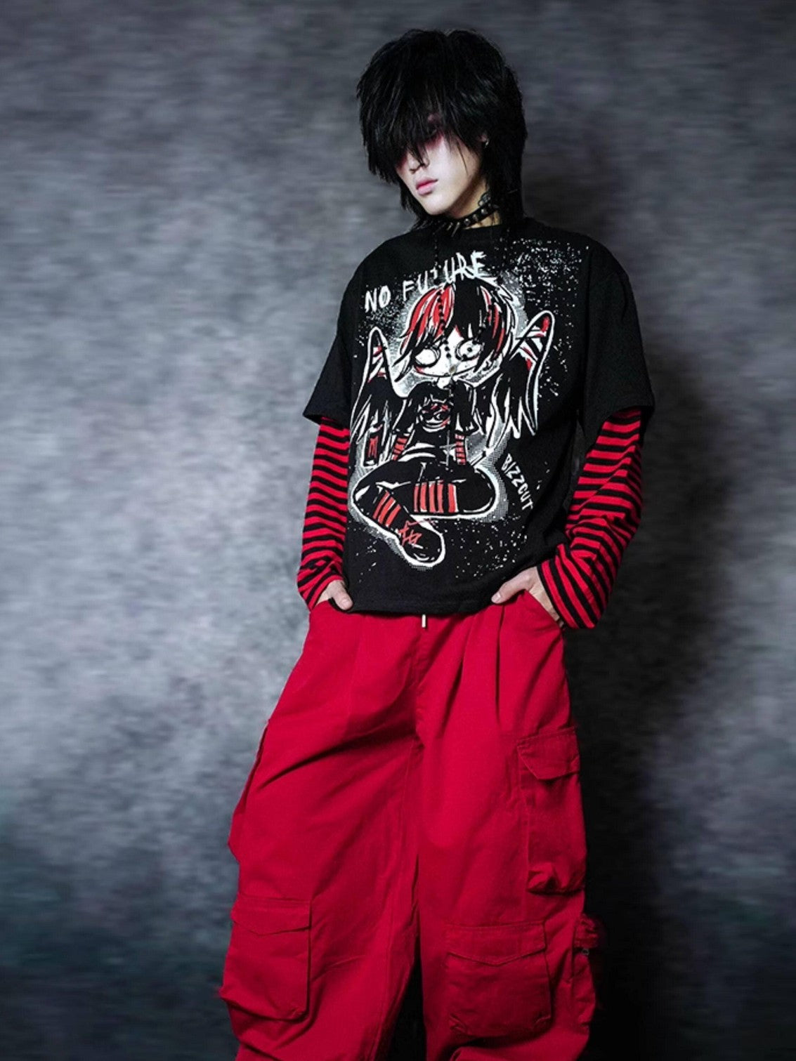 RebelSeed Flame Red Multi Pocket Elastic Waist Tapered Punk Women's Cotton Cargo Pants
