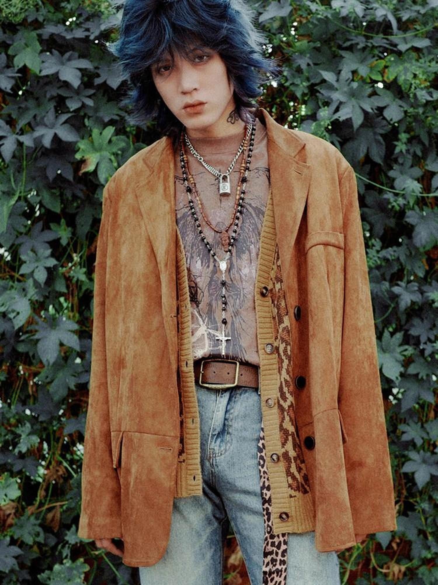 RebelSeed Ginger Yellow Patchwork Round Hem Women's Faux Suede Blazers