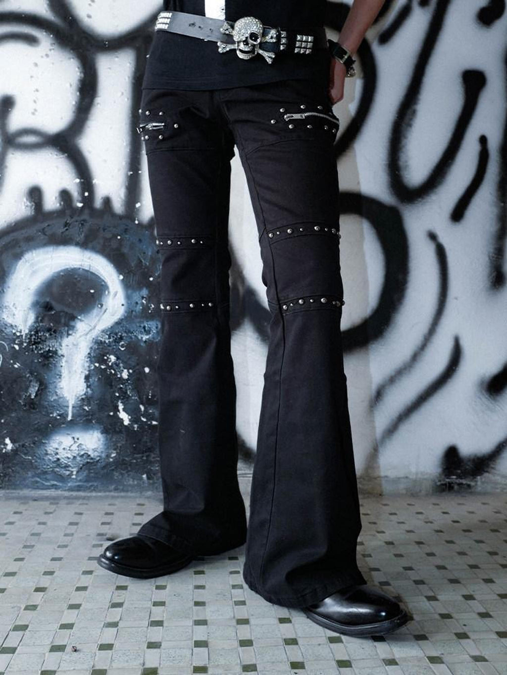 RebelSeed Goth Washed Distressed Zip Fly Women's Cotton Loose Fit Black Flare Jeans