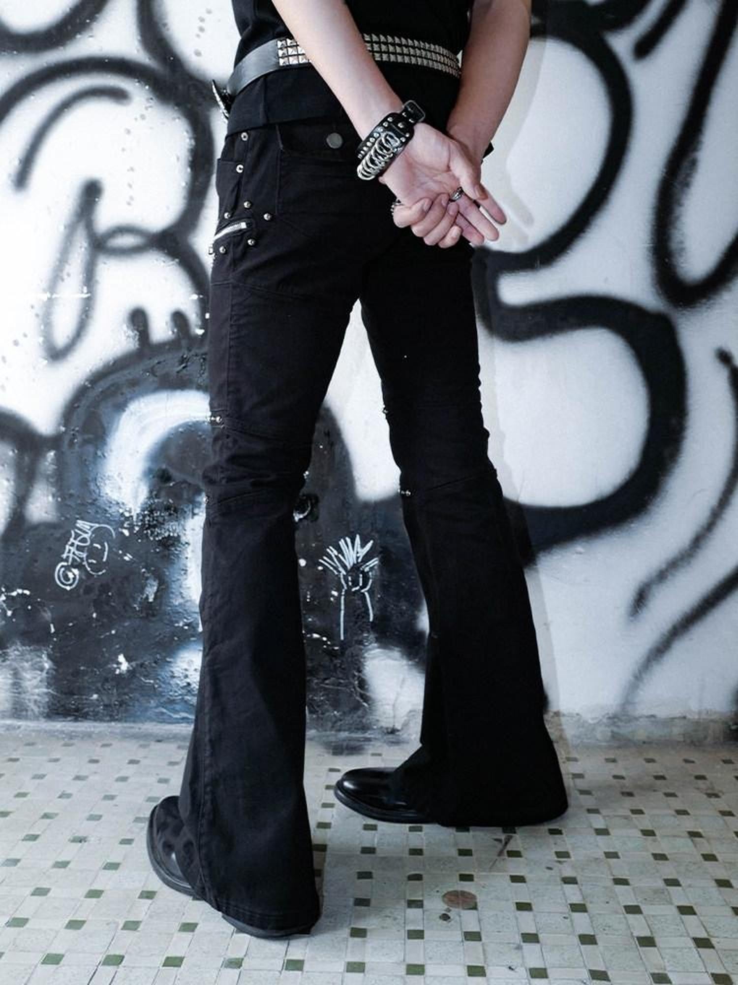 RebelSeed Goth Washed Distressed Zip Fly Women's Cotton Loose Fit Black Flare Jeans