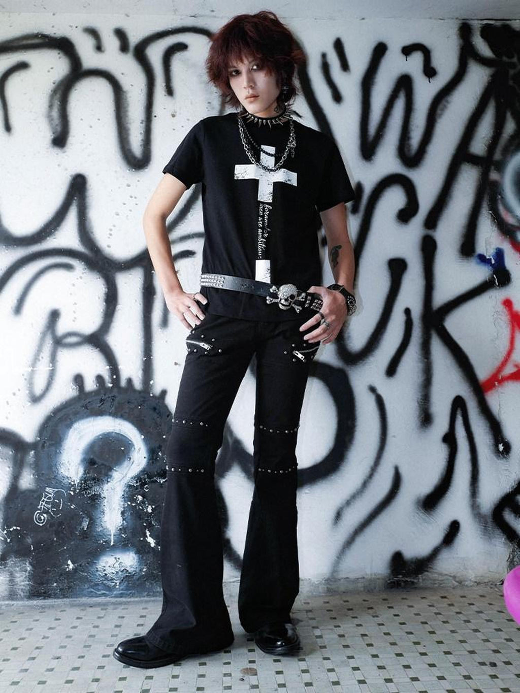 RebelSeed Goth Washed Distressed Zip Fly Women's Cotton Loose Fit Black Flare Jeans
