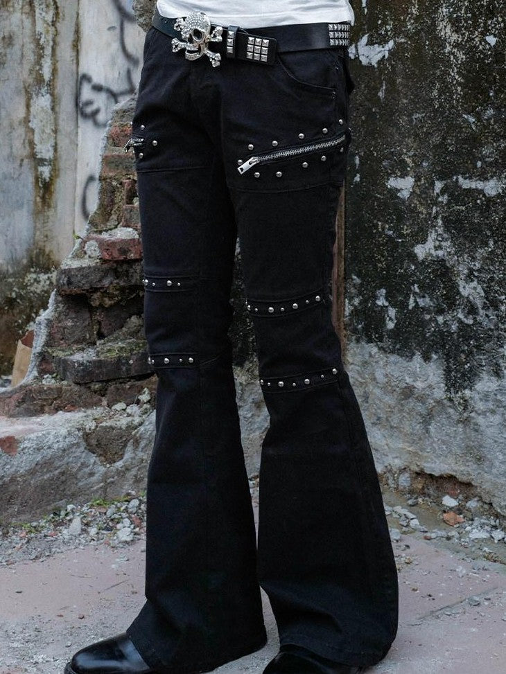 RebelSeed Goth Washed Distressed Zip Fly Women's Cotton Loose Fit Black Flare Jeans