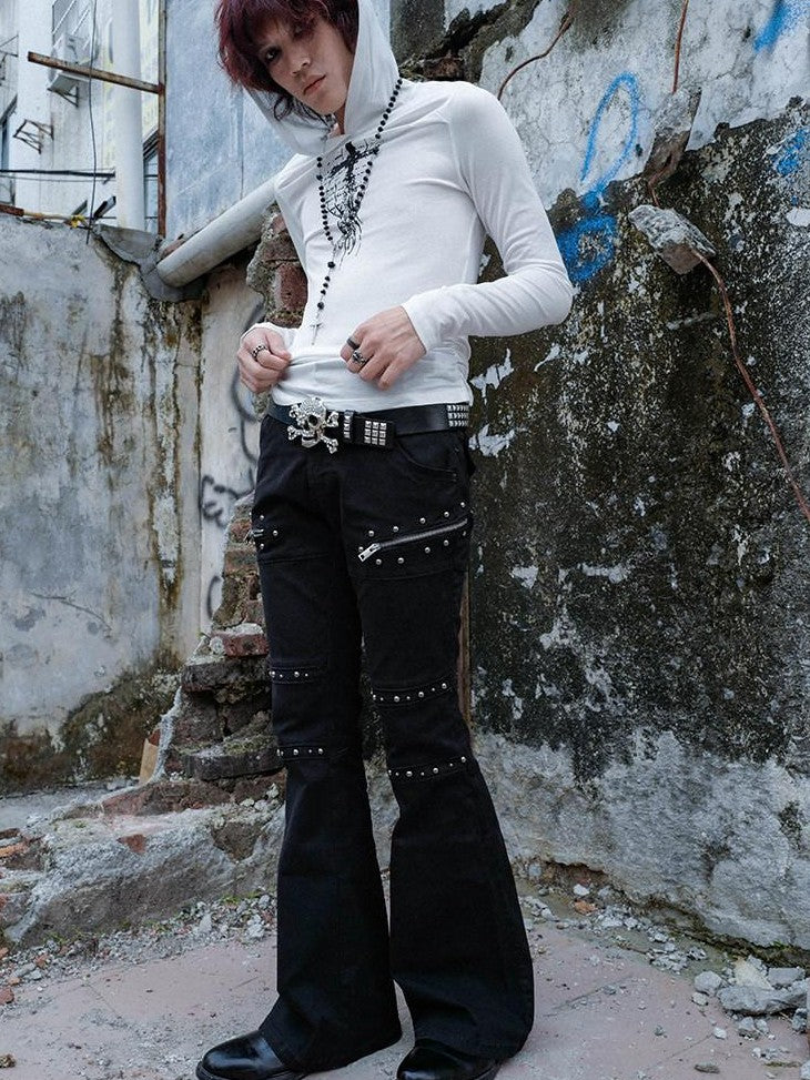RebelSeed Goth Washed Distressed Zip Fly Women's Cotton Loose Fit Black Flare Jeans