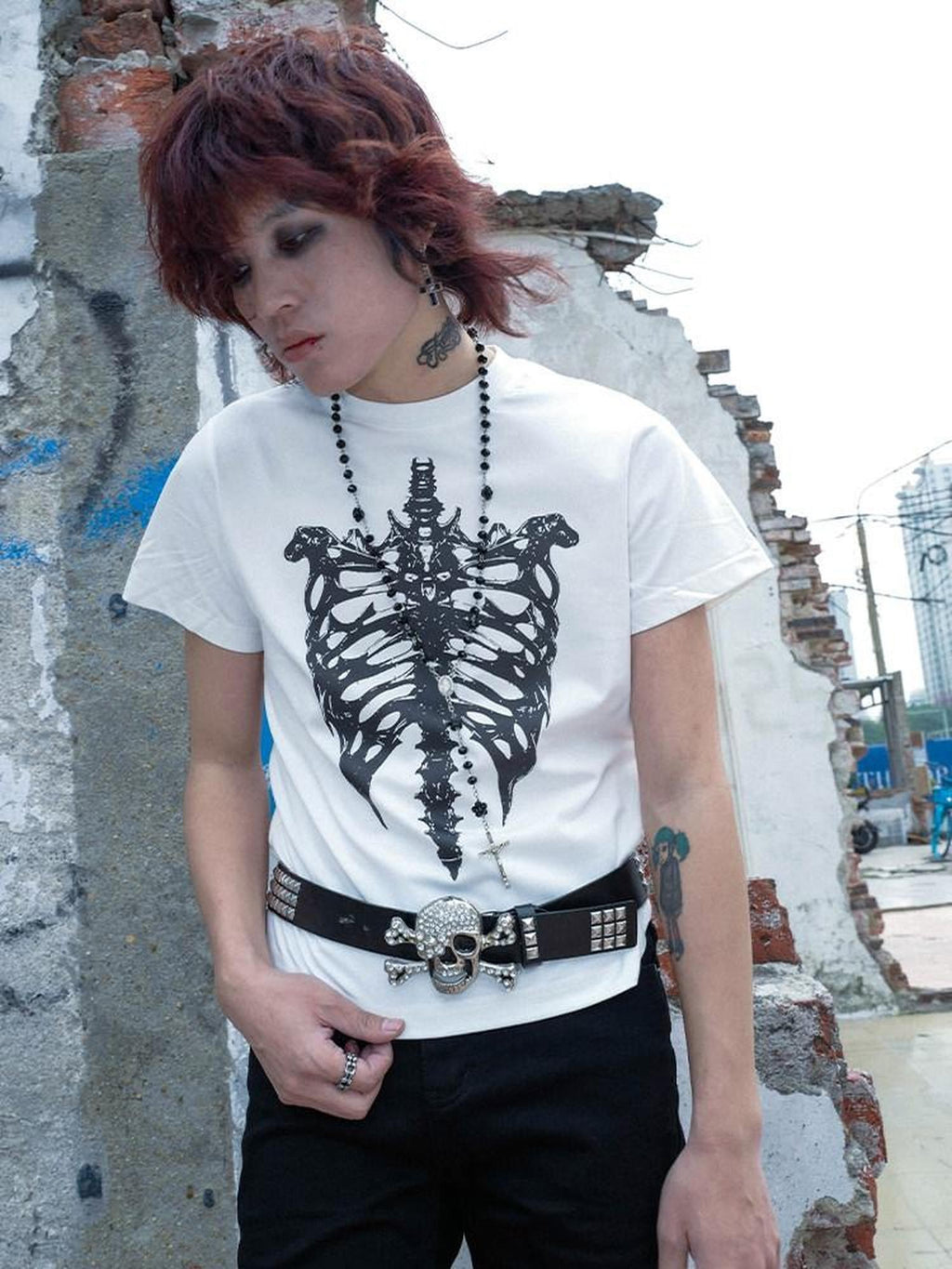 RebelSeed Gothic Skull Cross Heat Transfer Slim Women's Cotton Short Sleeve T-shirts