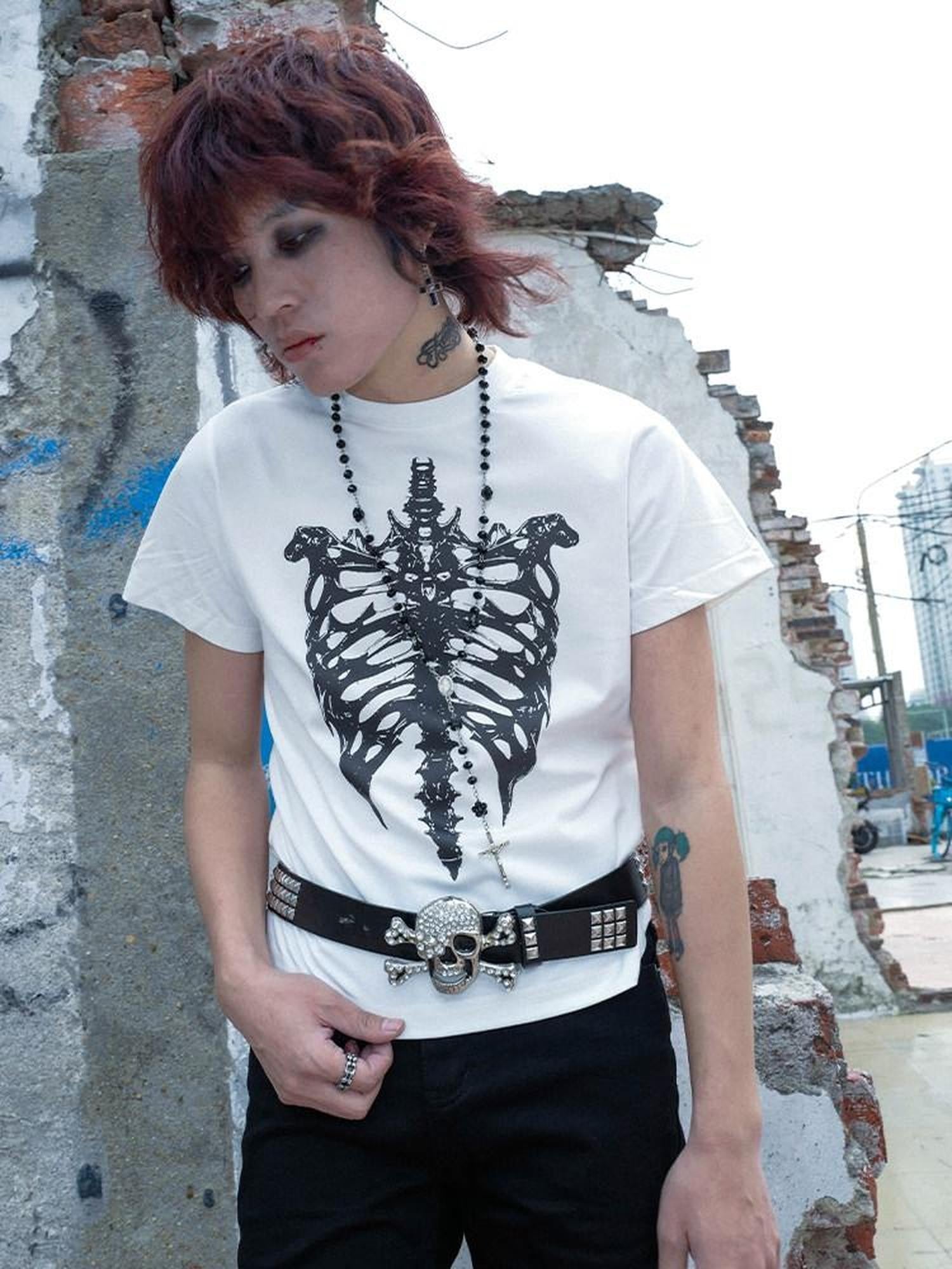 RebelSeed Gothic Skull Cross Heat Transfer Slim Women's Cotton Short Sleeve T-shirts