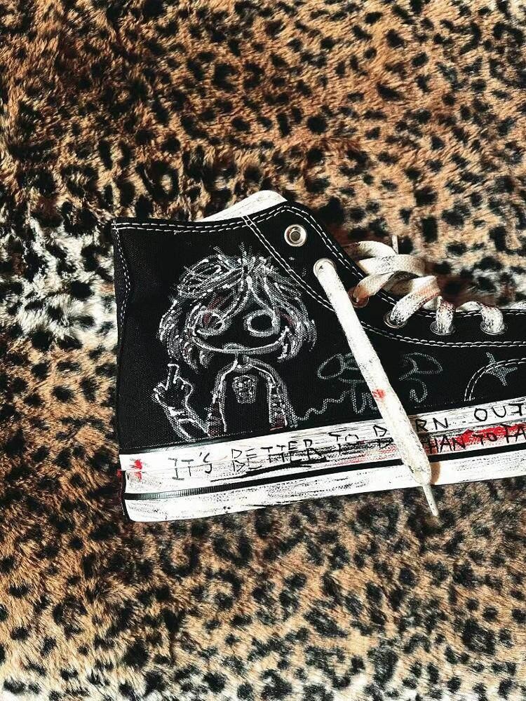 RebelSeed Graffiti Hand Painted Punk Rock Diy Distressed Women's High Top Canvas Sneakers
