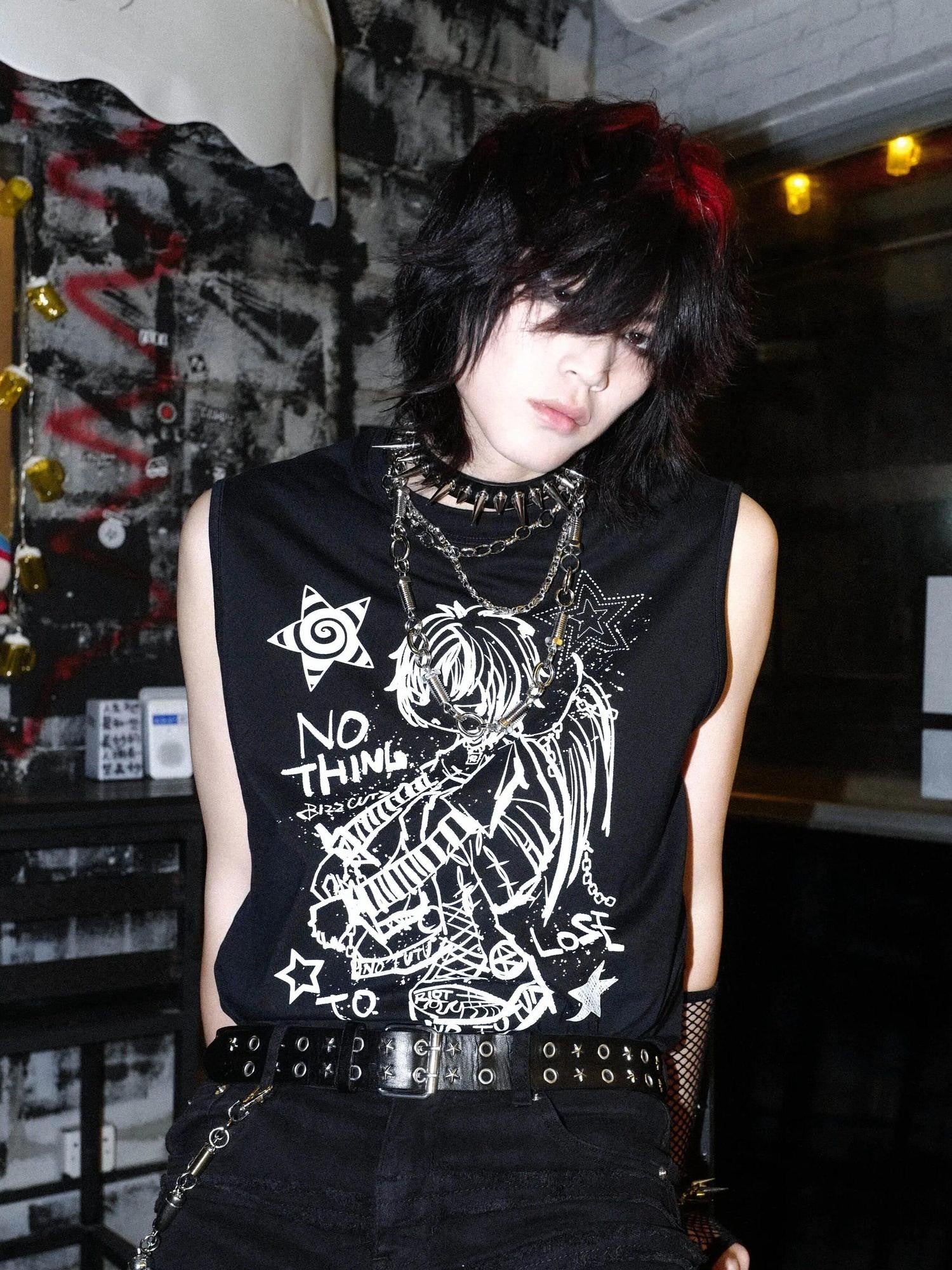 RebelSeed Graffiti Skull Punk Distressed Print Women's Cotton Slim Fit Tank Tops
