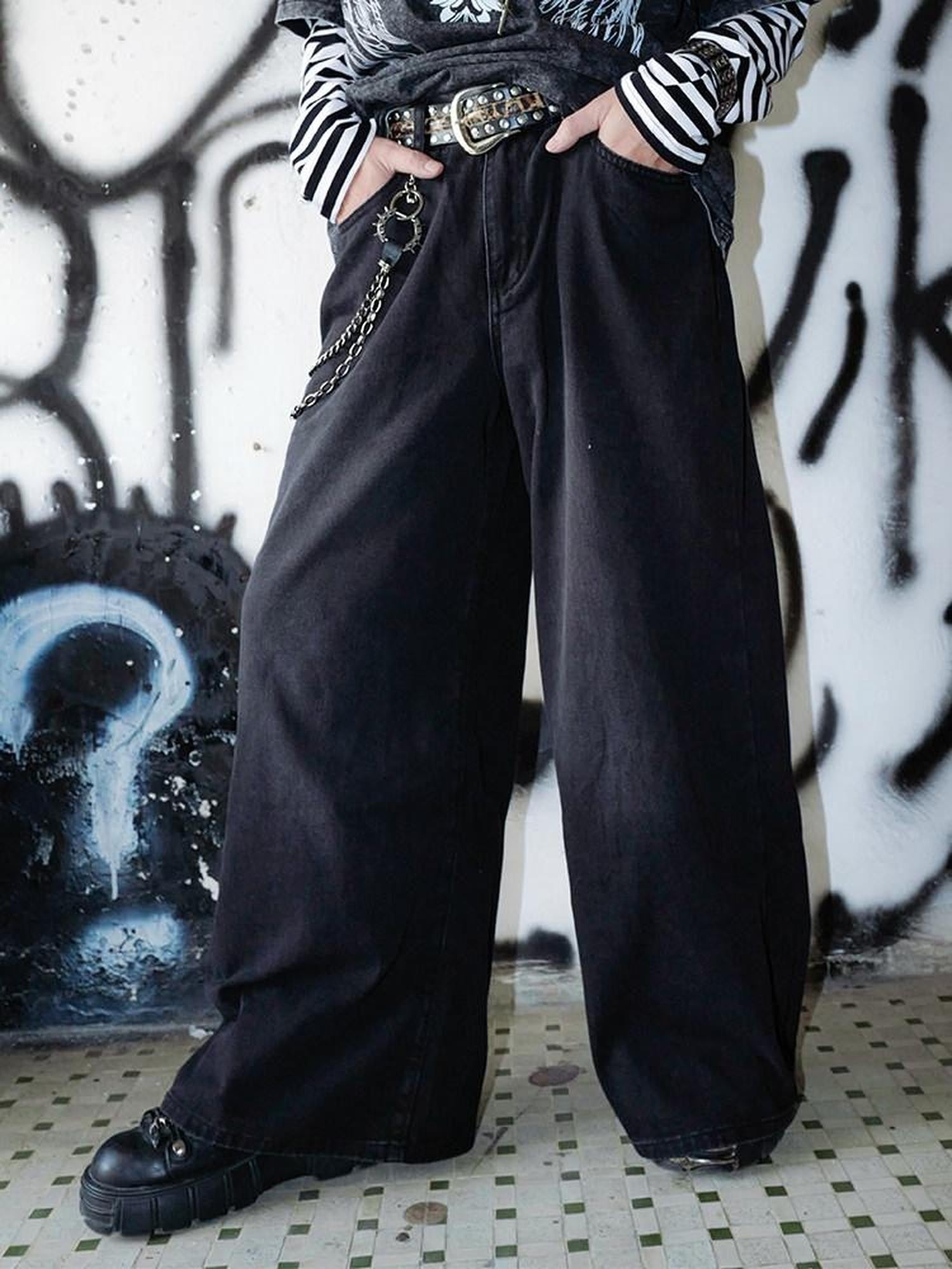 RebelSeed Gray Distressed Snow Wash Tie Detail Women's Denim Wide-leg Jeans
